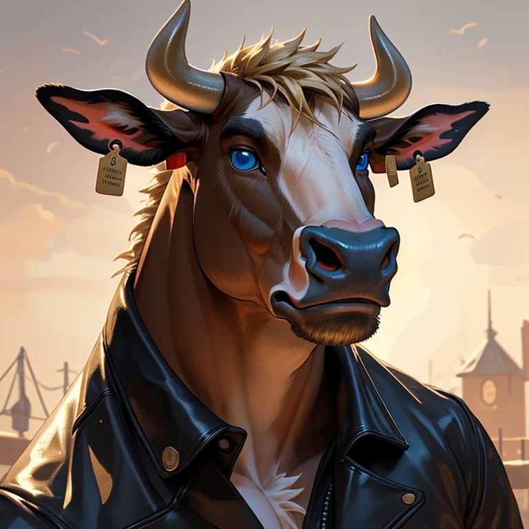 Headshot, handsome male, cow, two pointy horns, gold nose ring, cattle ear tag, heavy muscular build, light brown short messy fringe, ((best quality)), ((masterpiece)), (detailed), perfect face, blonde fur, blue eyes, good eyes, leather jacket, mischievous, semi realistic, warm lighting, sky background, majestic
