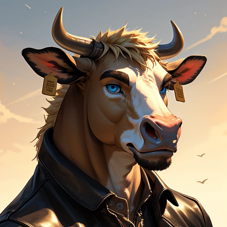 Headshot, handsome male, cow, two pointy horns, gold nose ring, cattle ear tag, heavy muscular build, light brown short messy fringe, ((best quality)), ((masterpiece)), (detailed), perfect face, blonde fur, blue eyes, good eyes, leather jacket, mischievous, semi realistic, warm lighting, sky background, majestic