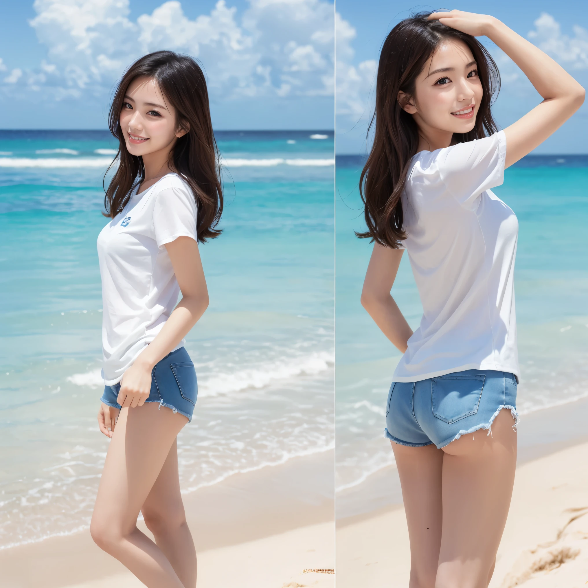 (highest quality、masterpiece、8K、best image quality、hyper realism、Award-winning work)、1 female、(alone:1.2)、(Simple thin tight short sleeve T-shirt:1.1)、(Close-fitting short-sleeved open-chested T-shirt:1.1)、(very short ripped distressed shorts:1.1)、(Standing gracefully:1.2)、(最も自然でwide々standing on a beautiful and perfect beach:1.2)、(wide々standing on the shore of the beautiful waves:1.1)、(beautiful perfect sandy beach:1.1)、(beautiful clear sky:1.1)、(beautiful thunder clouds:1.1)、beautiful sea、(透き通って鮮やかなbeautiful sea:1.1)、Complex sea glow、beautiful seaの詳細が描かれています、(Full body photo of a woman standing elegantly:1.3)、(emphasize body line:1.1)、(slender and beautiful legs:1.3)、(beautiful long legs:1.3)、slender body、(Rear view:1.2)、(ass facing me:1.1)、(look back at me:1.1)、accurate anatomy、perfect makeup、long eyelashes、glossy lips、Ultra high definition glossy skin、(Ultra-high definition bright and beautiful skin:1.1)、超高精細のglossy lips、Super high definition beautiful teeth