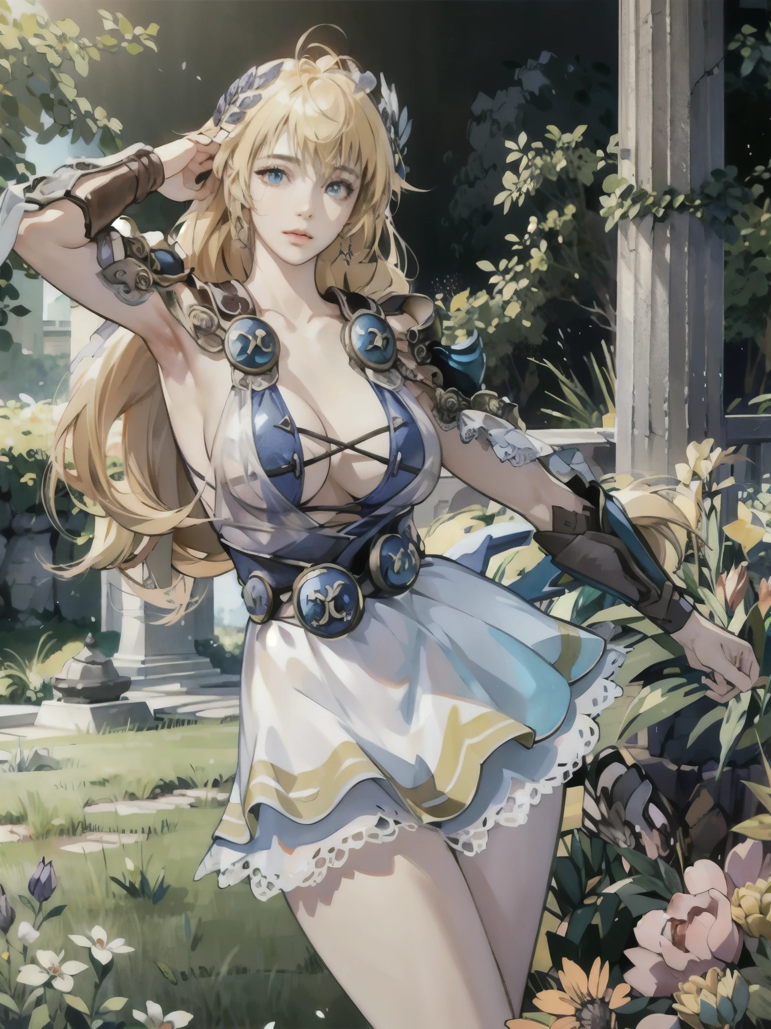 Show your armpits,masterpiece, highest quality,(Armed Knight,tungsten armor), (hair spread:1.3),floating hair,blonde hair, town,field, looking at the viewer, (original: 1.2), (realistic: 1.5),disorganized, incredibly disorganized, Super detailed, High resolution, Super detaileded, highest quality, wonderful, highest quality, Highly detailed CG Unity 8K wallpaper, cinematic lighting, (perfect shiny skin:0.6),looking at the viewer,messy hair,shiny hair, slim and smooth lines, huge breasts, thin waist,(magician:1.2), Pause, 