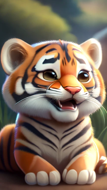 A happy and cute little tiger , portrait, outdoor, background space, Tone, Pixar style, 3d, carTone, Detailed face, asymmetrical, Upper body