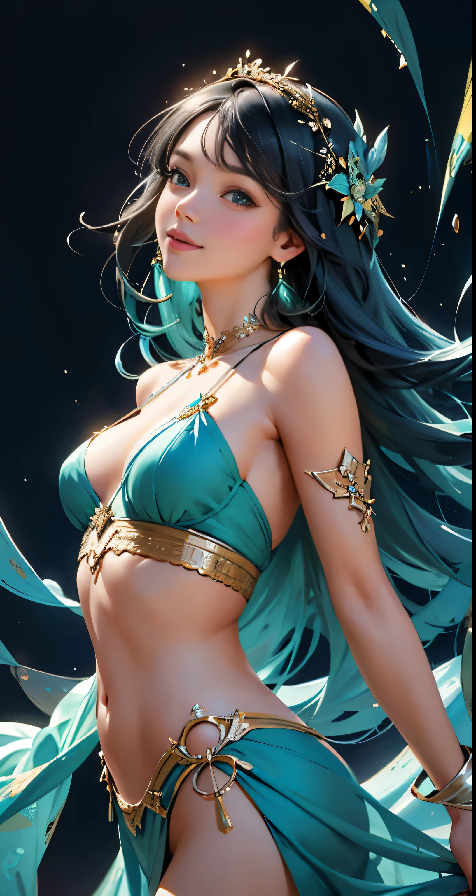 A blissful girl, with a radiant smile, is centrally positioned and gazes directly at the camera. Approaching perfection, she dons vibrant shades of blue and forest green, in this highly detailed digital painting crafted on Art Station. The concept art, a smooth and sharp focus masterpiece, is brought to life by the skilled hands of Carne Griffiths and Wadim Kashin, emphasizing the intricate details on her delicate face.