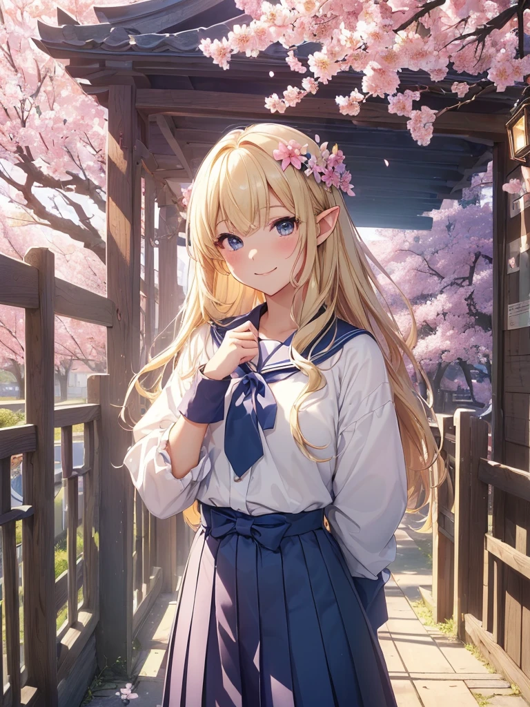 highest quality、Highest image quality、masterpiece、beautiful横顔、、Titania、Super beautiful elf beauty((22 years old OL big bust、bust 90,アイロンのかかったbeautiful長い髪、blonde、Height: 165cm。slender、、Esbian、morning、clear sky、High quality、beautifulart、bag、canopy、Canopy、background)muste piece、ビジュアルart、Depth of the bounds written、、Lightのmagic、beautifulmorningの空、A happy smile、穏やかなLight、Elven Forest、cherry blossoms、、elegant、ティッカーbeautiful装飾的な、Japanese high school、Going to school、mystical、、Light、　the sky、beautiful、日本のbeautiful学生服、navy blue skirt、sailor suit、school gate、myth、ART、Lord of the Ring、sexy、friendly smile、Fantastic、cherry blossoms、舞い散るflowerびら、cherry blossomsのflower、magic、magicのLight、fantasy、flower、super REALITYMany roseagic、、Grow fantasy、、mysteryのLight、、art、art,mystery,UHD,magicalgentle light,、