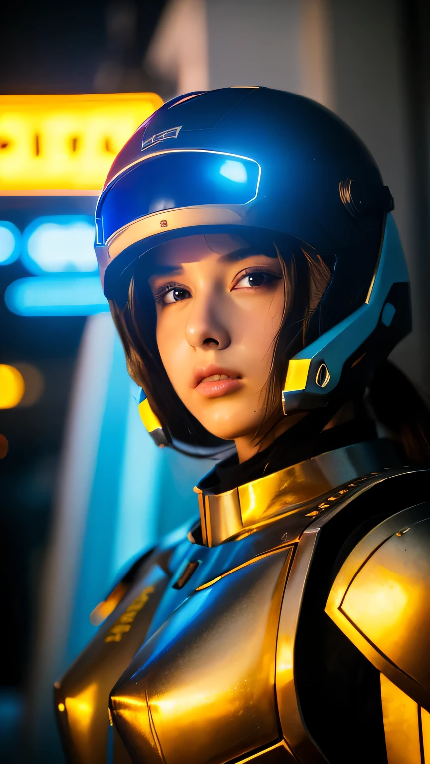 masterpiece, 最high quality, , (alone), 1 girl, look up, dim light, , horizon_(apex legend), goggles, blue eyes, brown hair, gauntlet, shoulder armor, (Mecha Helmet), (science_fiction), outdoor, street, neon light, cyber punk, masterpiece, 最high quality, high quality, High resolution, (((Portrait)))
