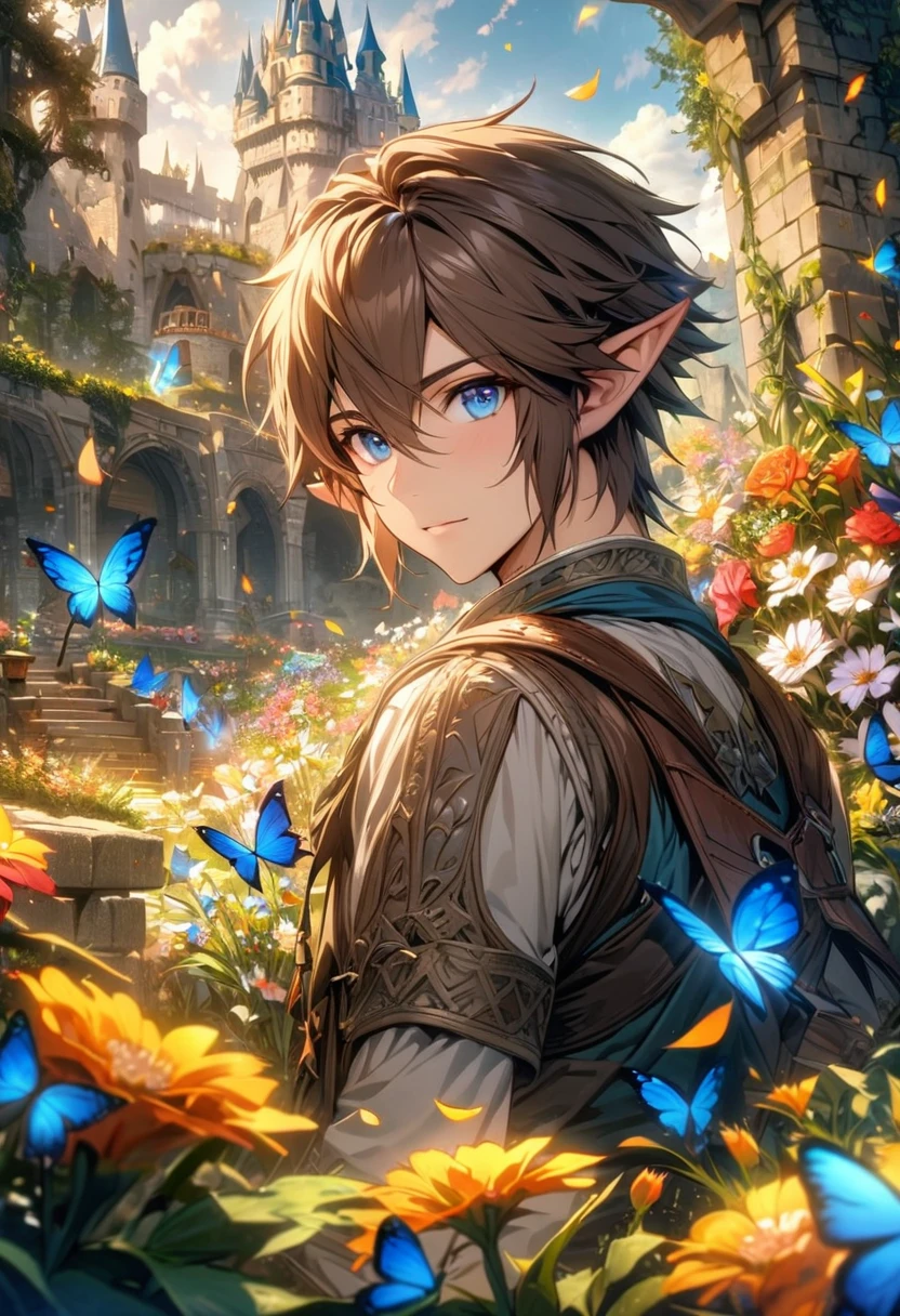 absurdres, highres, ultra detailed, HDR), masterpiece, vibrant blue eyes, Link, dark brown short hair, hair between the eyes, The legend of zelda twilight princess, 1man, handsome, elf, castle, flower garden, butterflies, petals
