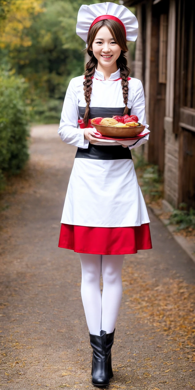 full body standing straight symmetrical, lustful smirking smile face red blush red cheeks, looking at viewer, holding tray, braid, maid headdress, maid, dress, apron, long sleeves, brown pantyhose, long leather militar boots, thighs, long white hair, masterpice