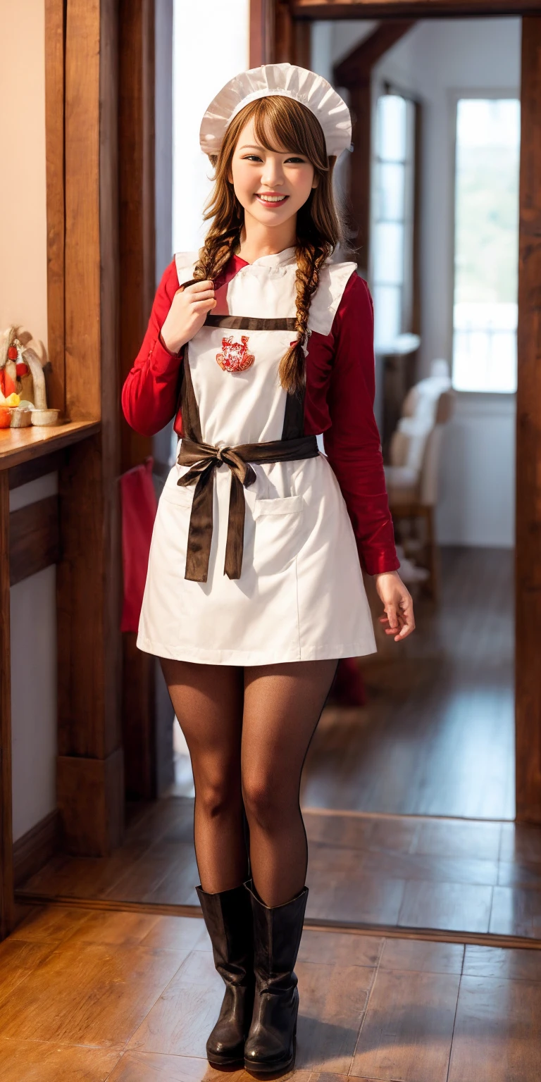 full body standing straight symmetrical, lustful smirking smile face red blush red cheeks, looking at viewer, holding tray, braid, maid headdress, maid, dress, apron, long sleeves, brown pantyhose, long leather militar boots, thighs, long white hair, masterpice