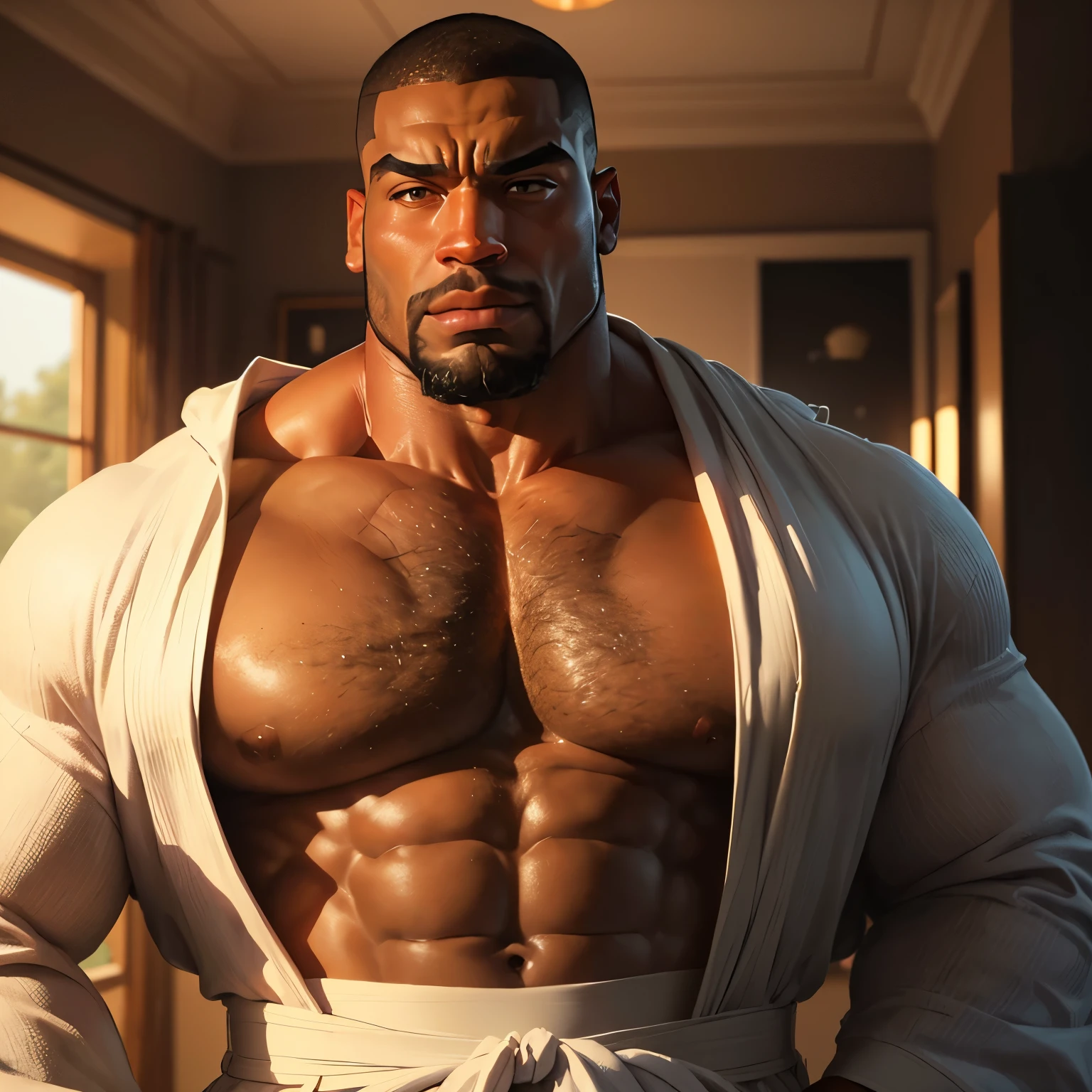 an exaggeratedly muscular and large bodyguard, beefy build, beard, dark-skinned african american male, surprised expression, buzzcut hair with square line, (wearing bath robe: 1.2), (bara pecs: 1.3), (arm and chest hair: 1.1), close-up portrait HD, (inside fancy mansion)
