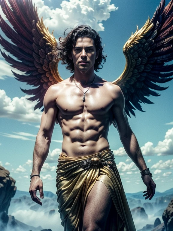 -((Masterpiece)),((best quality)),8k, Highly detailed, very detailed, Pose in style, Real skin texture, dark movie light, Italian model, 21 years old., bare chested, shirtless, Handsome Italian young man, Looks cute, Look sacred, Powerful green eyes, Hermes, messenger of god, Venus D, godly, Pale white skin, Roman god physics, (short hairสีแดง:1.5), dry red hair, short hair, red messy hair, strong jaw, Be a man, stalwart, Defined fit body, The chest is hairless., shirtless, no pants, Terrifying Aesthetics, sky, arm bracelet, (Colossal angel wings :1.4), cloud, epic cloud, (fly in the sky:1.4), fly, (in the middle of the cloud floating:1.5), (float:1.4) Bare legs, bare chest, Barefoot, antique white linen spartan loincloth, Antique white linen draped skirt., Whites:, Gold chains in a Roman gown ,,,, backlight, movie light, depth of field, award winning photos, elegant, Exaggerated, Octane Render, untrue, high definition, 8k resolution, Highly detailed, 8k UHD, professional lighting, Photon mapping, Radiation, Physical rendering
