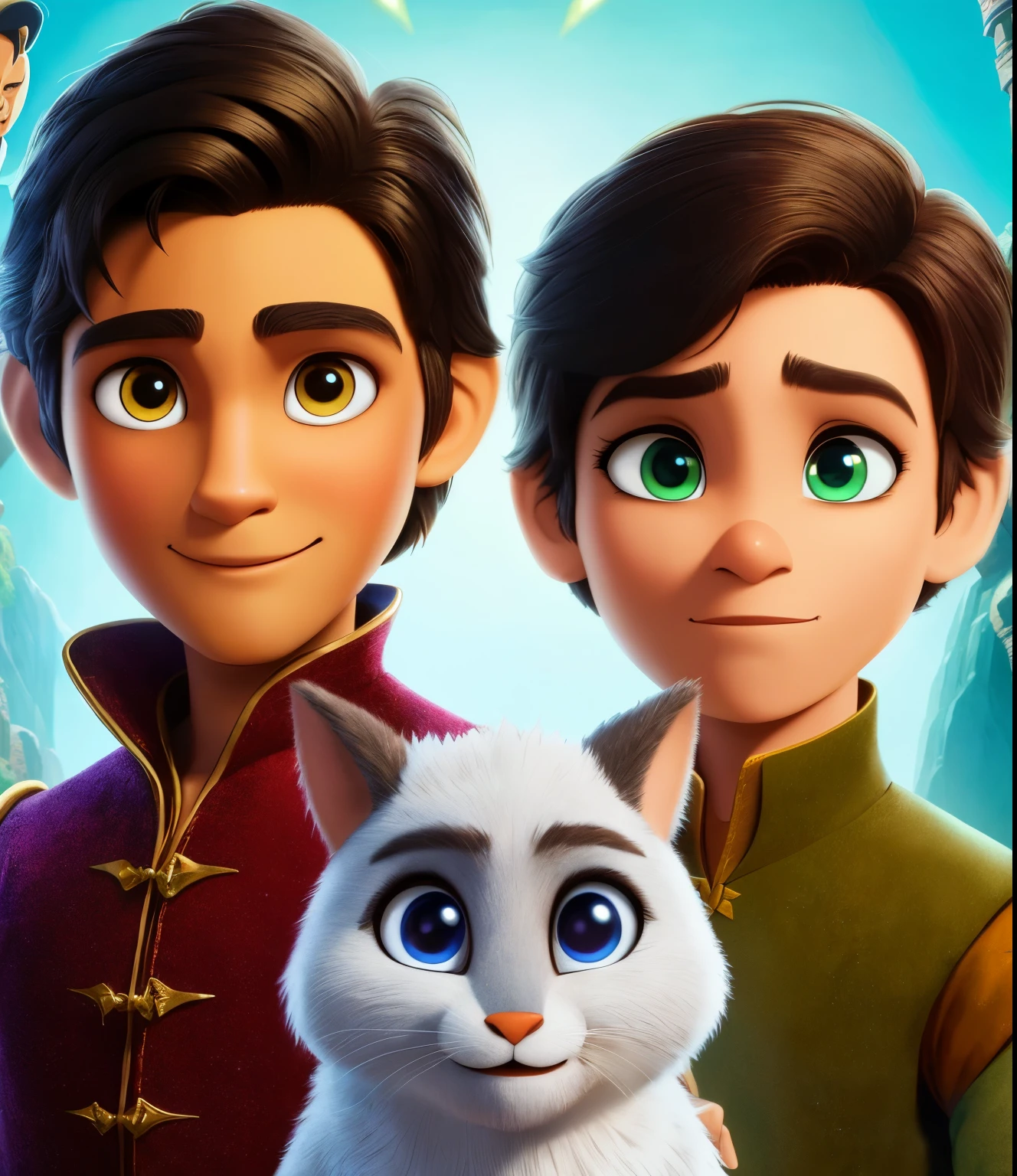 A poster of a , brown skin, Brown eyes, pelo negro, animated film, medieval prince, &#39;Raya and the last dragon&#39;, etc., dream work style, children animated film, 2d animated film, in the style of Disney animation, Promotional image of the film, serie animada, animated movie, animated film still, disney art style, handsome prince