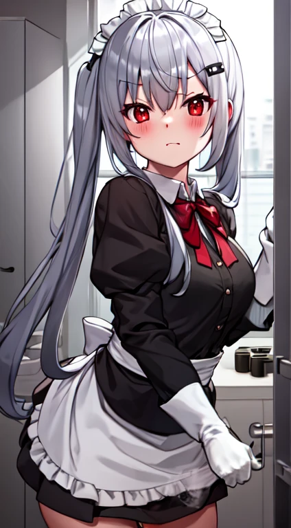 girl, Maid clothes, gray hair, long hair, Bathroom, embarrassing, My cheeks turned red, surprised