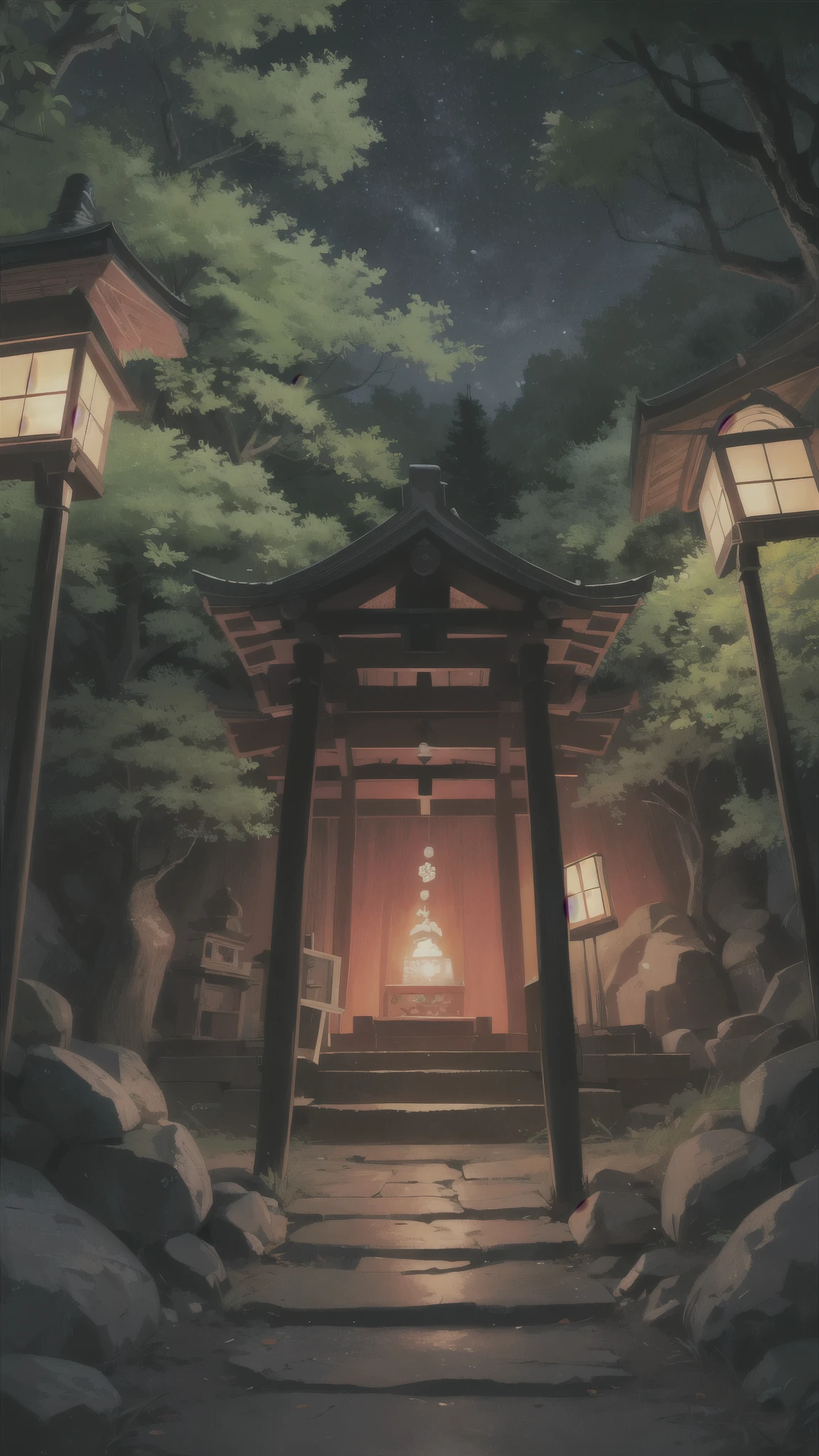 masterpiece, best quality, overgrown weeds, glowing flower Japanese shrine, dim lighting, cave interior background, hanging banners, horror, scary, night time