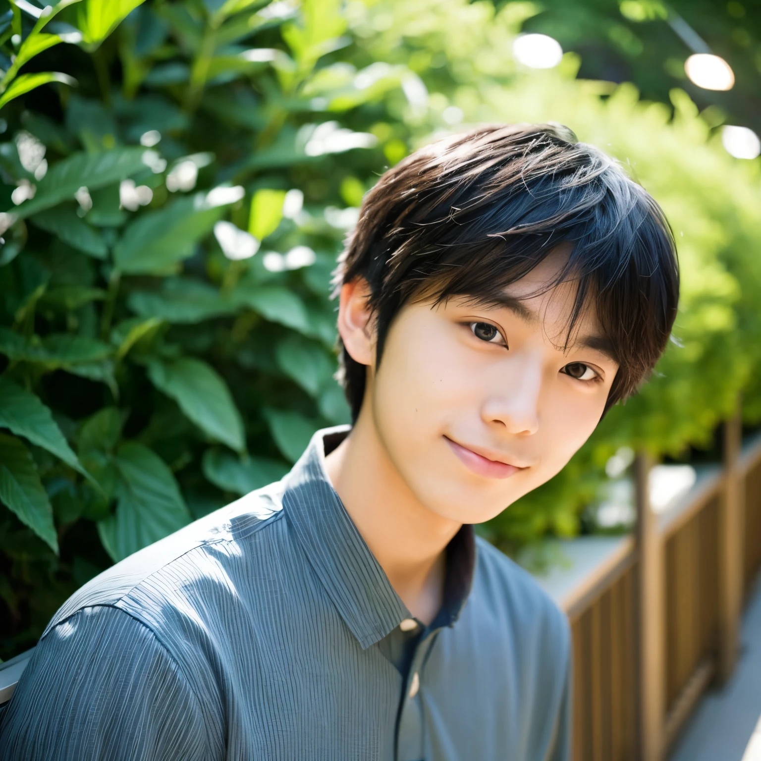23 years old, japanese men, I'm excited, programmer, face photo, for work, Against the background of a simple office with greenery, with a natural look, With a slightly broken expression, Tilt your face just a little, facing diagonally, average face