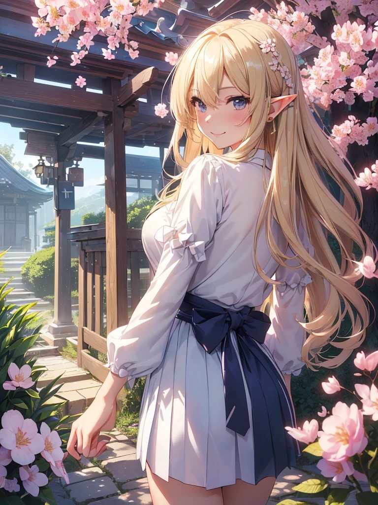 highest quality、Highest image quality、masterpiece、beautiful横顔、、Titania、Super beautiful elf beauty((22 years old OL big bust、bust 90,アイロンのかかったbeautiful長い髪、blonde、Height: 165cm。slender、、Esbian、morning、clear sky、High quality、beautifulart、bag、canopy、Canopy、background)muste piece、ビジュアルart、Depth of the bounds written、、Lightのmagic、beautifulmorningの空、A happy smile、穏やかなLight、Elven Forest、cherry blossoms、、elegant、ティッカーbeautiful装飾的な、Japanese high school、Going to school、mystical、、Light、　the sky、beautiful、Japanese  like anime、navy blue skirt、sailor suit、school gate、myth、ART、Lord of the Ring、sexy、friendly smile、Fantastic、cherry blossoms、舞い散るflowerびら、cherry blossomsのflower、magic、magicのLight、fantasy、flower、super REALITYMany roseagic、、Grow fantasy、、mysteryのLight、、art、art,mystery,UHD,magicalgentle light,、