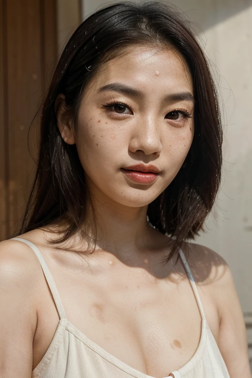 arafed asian woman with freckles and red lipstick looking at the camera, detailed face of an asian girl, southeast asian with round face, korean face features, asian face, korean symmetrical face, freckled face, sparse freckles, woman with freckles, marks on her face, Asian features, light freckles, young adorable Korean face, watching a show