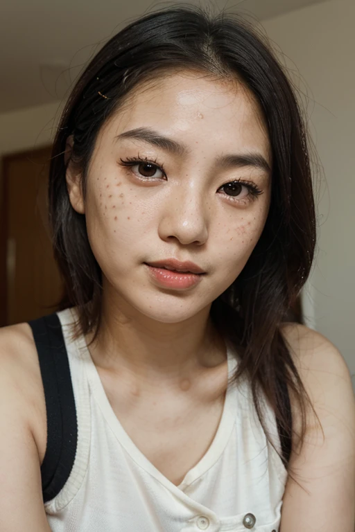 arafed asian woman with freckles and red lipstick looking at the camera, detailed face of an asian girl, southeast asian with round face, korean face features, asian face, korean symmetrical face, freckled face, sparse freckles, woman with freckles, marks on her face, Asian features, light freckles, young adorable Korean face, watching a show
