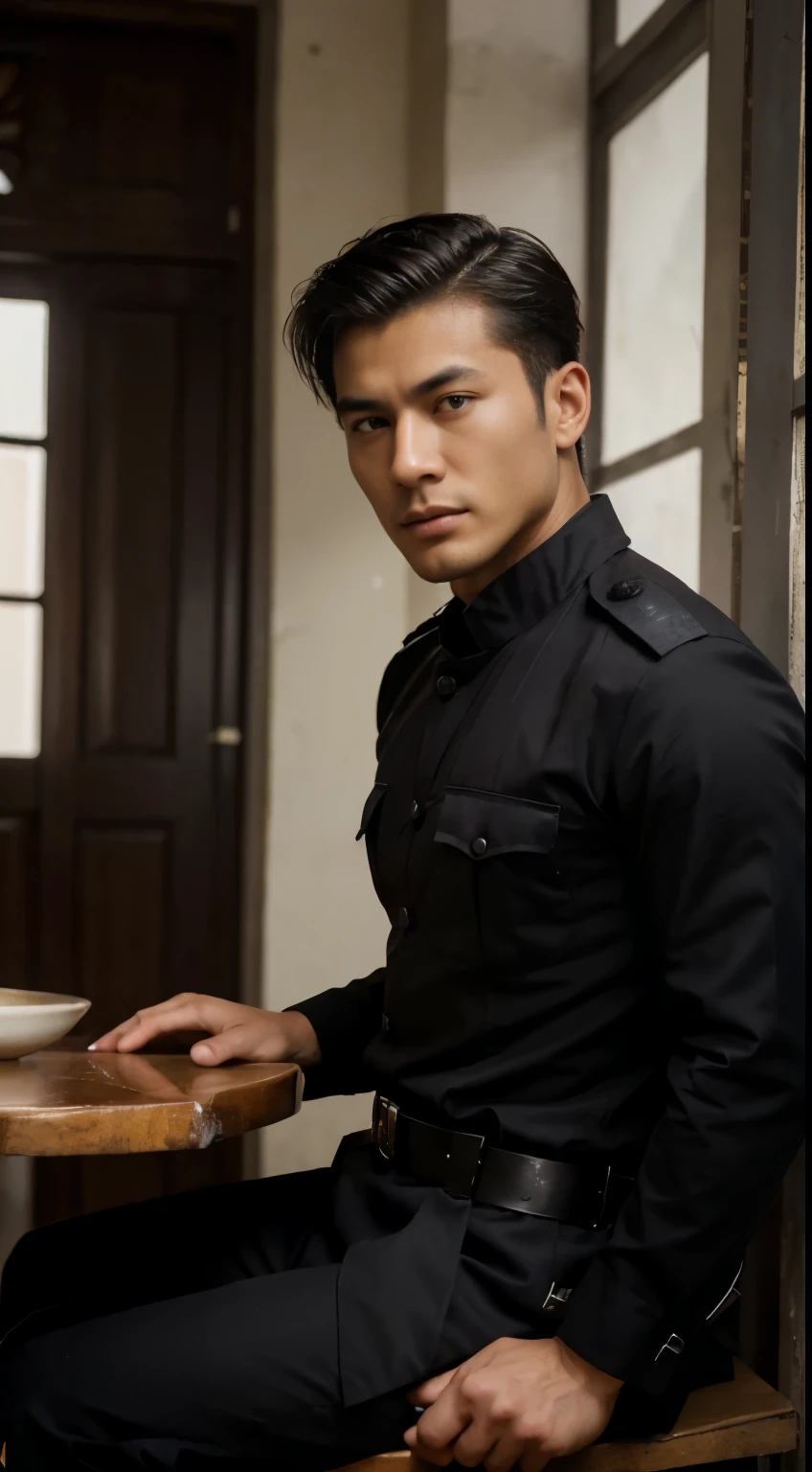 (Best quality at best,photorealistic),(Dark,feels) Young person, One guy,detailed black eyes, French-German man in uniform standing in front of building, in full military garb, in a soldier uniform, Inspired by Zhang Sengyao, in a soldier uniform, Court Costume Akira, in a soldier uniform, Imperial team, in a soldier uniform, Wearing imperial equipment, Wearing a soldier's uniform, Inspired by Oka Yasuyu, Italian man wearing old samurai uniform, inspired by Chris redfield,。Dark skin., ((Very relaxed and lazy look!)), ((Unintentionally exposing chest muscles))Handsome male, Handsome chad chin, Handsome and attractive, Handsome and elegant, Handsome man, Sexy masculine, masculine and Handsome, , Handsome, Attractive posing, attractive male, Attractive man,25-year-old man!Lift your little head, Wear an Indonesian uniform police headspace, named Choky, Charming and serious look,(Handsome man,sitting down,poorly dressed,Perfect body anatomy,Beautiful man face detail,perfect foot,perfect hand!Ultra-low angle shooting!!