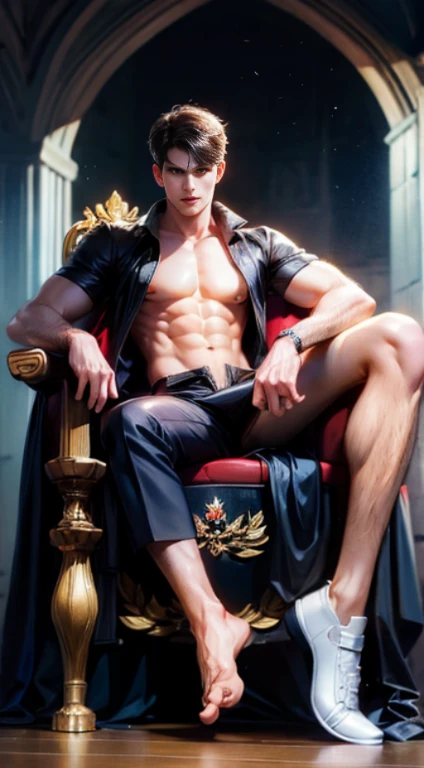 (nonsense, High resolution, very detailed, HDR), Masterpiece, best quality, A drawing of a boy, handsome man with red eyes, detailed face, professional photos, The Alafed man was shirtless., Sit comfortably.，legs open, (Swollen nipples(from below:1.1)), Focus on your audience,18 year old boy, handsome man, [ firmly defined body ]，open black shirt，abdomen，chest muscles，black shorts，Big bulge，white shoes，Close-up of feet，throne,front view,full body image,Big crotch ,crotch tung,Convex crotch.

