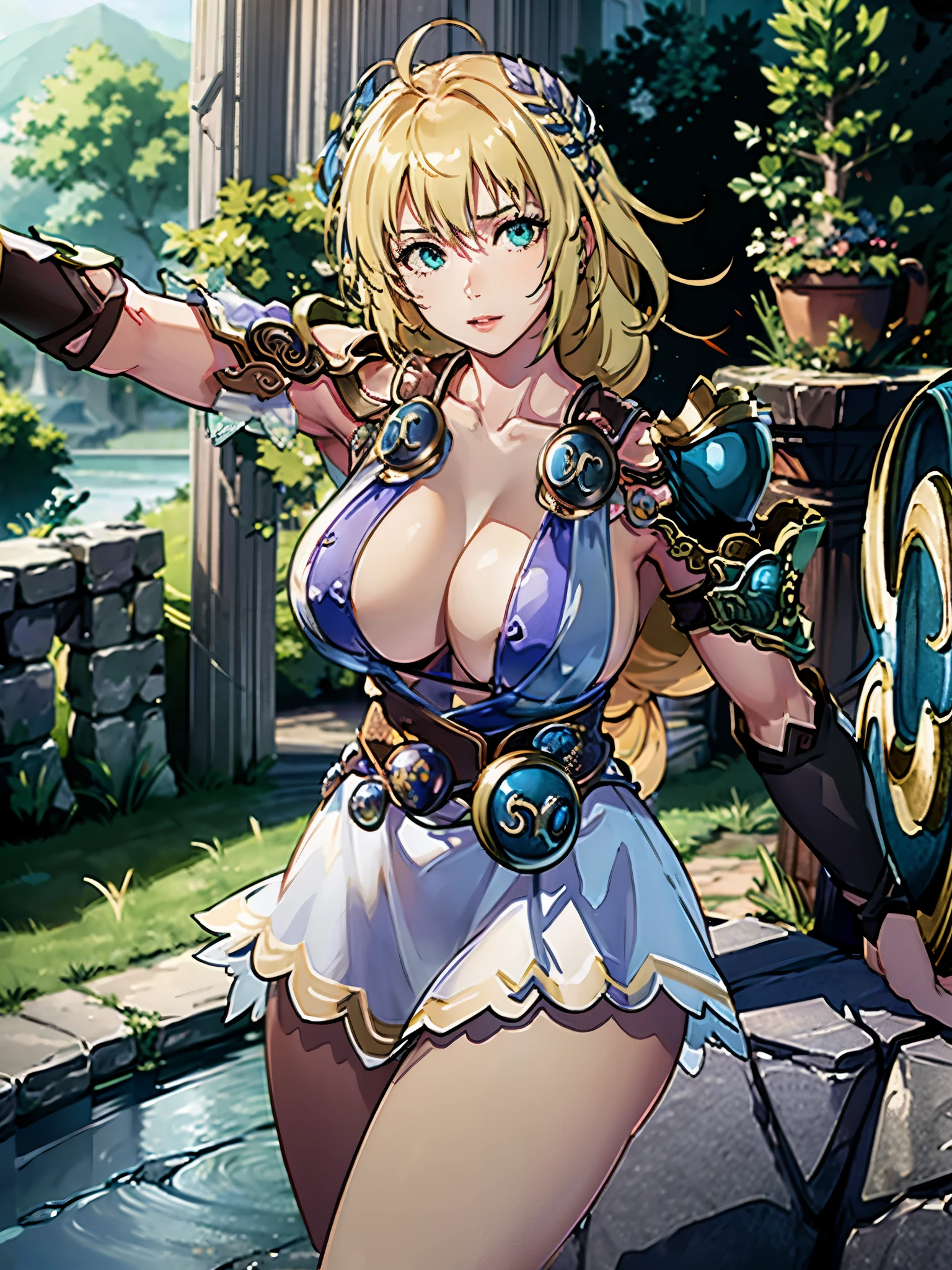 Show your armpits,masterpiece, highest quality,(Armed Knight,tungsten armor), (hair spread:1.3),floating hair,blonde hair, town,field, looking at the viewer, (original: 1.2), (realistic: 1.5),disorganized, incredibly disorganized, Super detailed, High resolution, Super detaileded, highest quality, wonderful, highest quality, Highly detailed CG Unity 8K wallpaper, cinematic lighting, (perfect shiny skin:0.6),looking at the viewer,messy hair,shiny hair, slim and smooth lines, huge breasts, thin waist,(magician:1.2), Pause, 