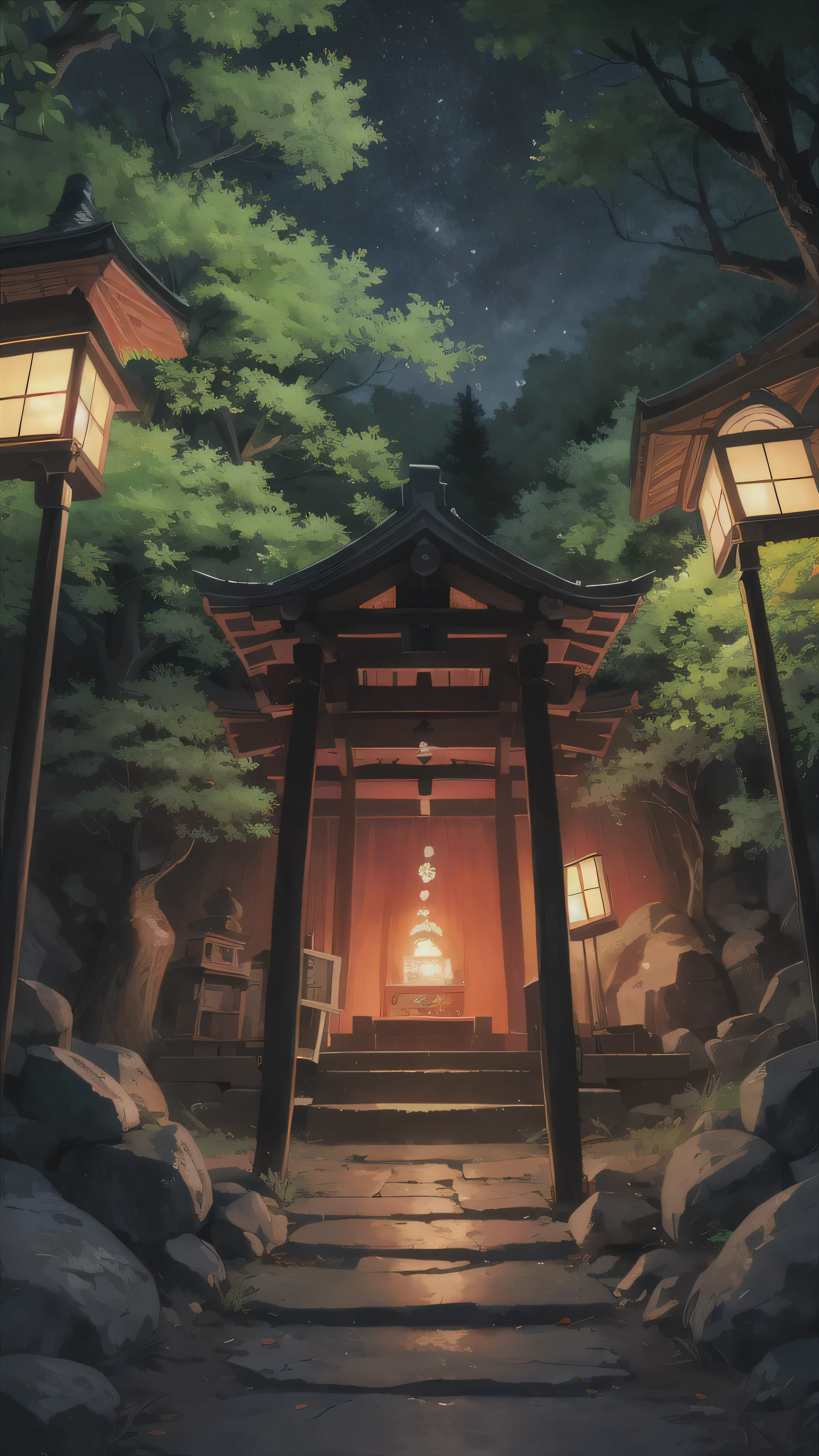 masterpiece, best quality, overgrown weeds, glowing flower Japanese shrine, dim lighting, cave interior background, hanging banners, horror, scary, night time