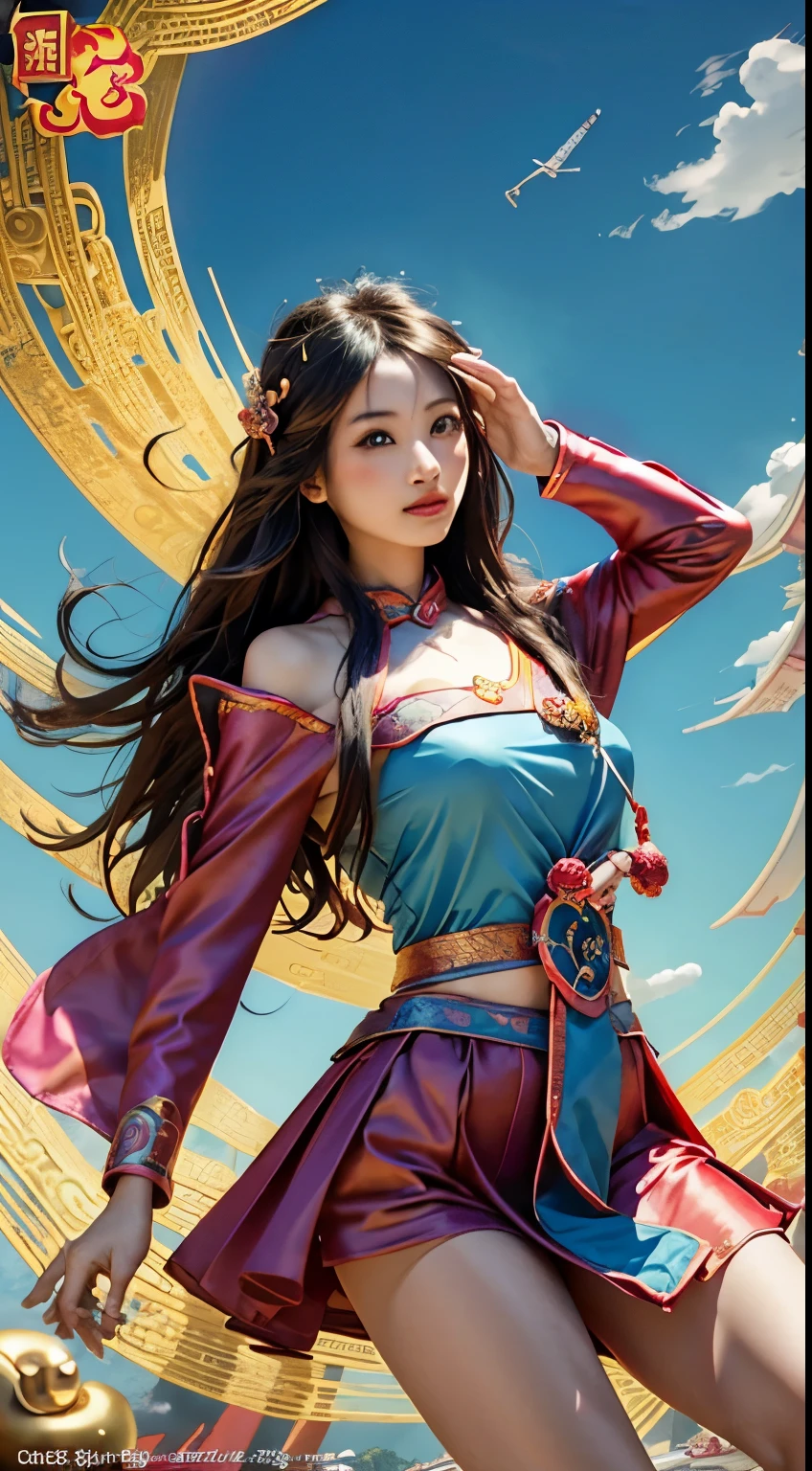 official art,raw photo,realistic, Integrated 8K wallpaper, super detailed, beautiful and aesthetic, masterpiece, highest quality, (tangleた, tangle, get tangled), (fractal art: 1.4), 1 Girl Dark Magician Girl, long blonde hair, Chino, bare shoulders, short skirt, calf, belly button, very detailed, angle dynamic, cowboy shot, (Make chaos more beautiful), flowing, (bright colors), oc, (half: 1.2), China, (thangka flying in the sky: 1.5), (like: 1.3), (dream: 1.5), (Hanfu: 1.5), chinese dragon, Phoenix, (smile: 0.5), (deidad China),