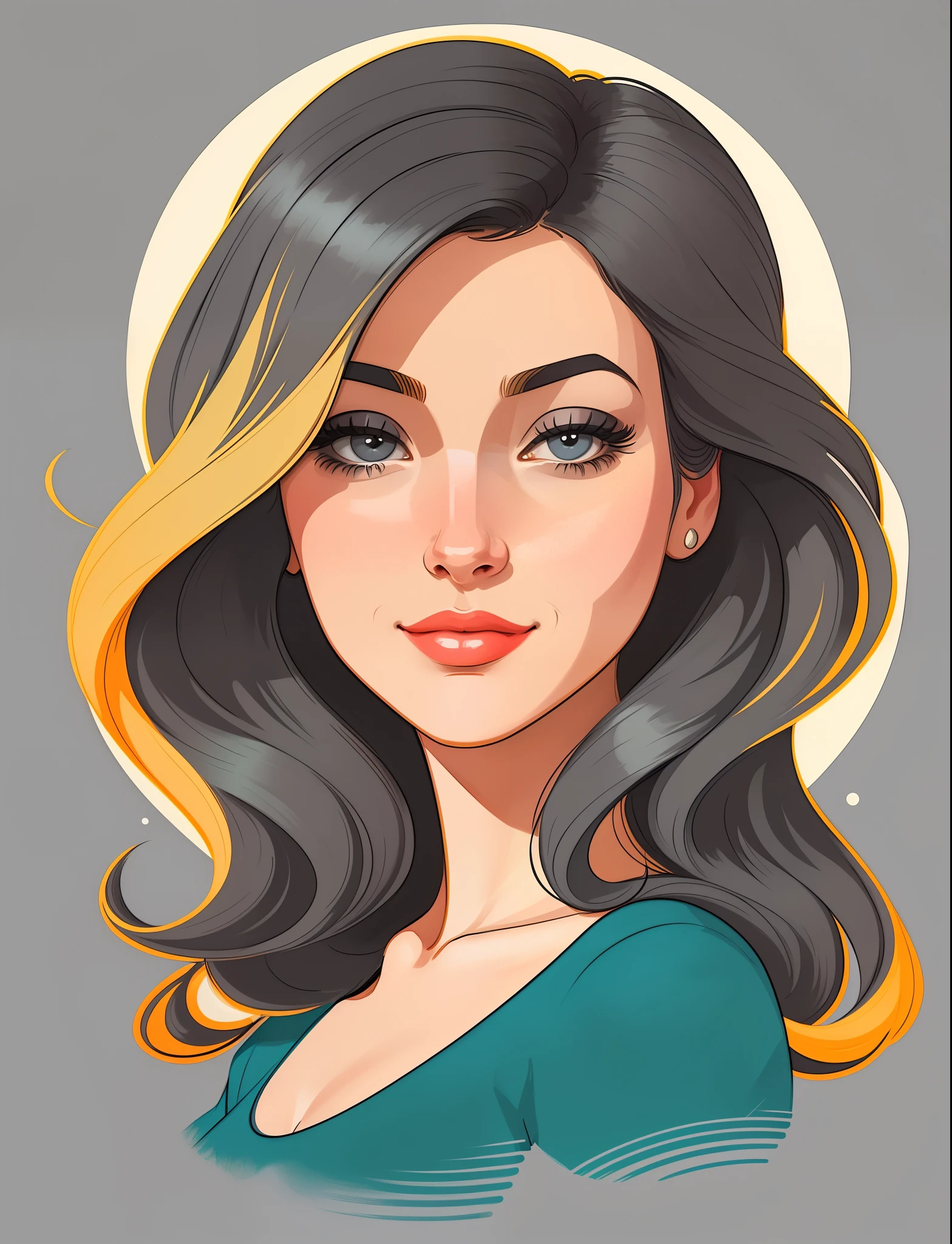 A close-up of a woman's face with a name on it, in digital illustration style, Estilo de arte vectorial, Dibujo de estilo vectorial, a beautiful artwork illustration, Retrato de belleza estilizado, Jen Bartel, cartoon style illustration, stylized digital illustration, retro illustration, Retrato estilizado, Hermoso retrato de Nami, art cover illustration, Belleza Art Nouveau Mujer, vector illustration (((Sinply dark grey background)))