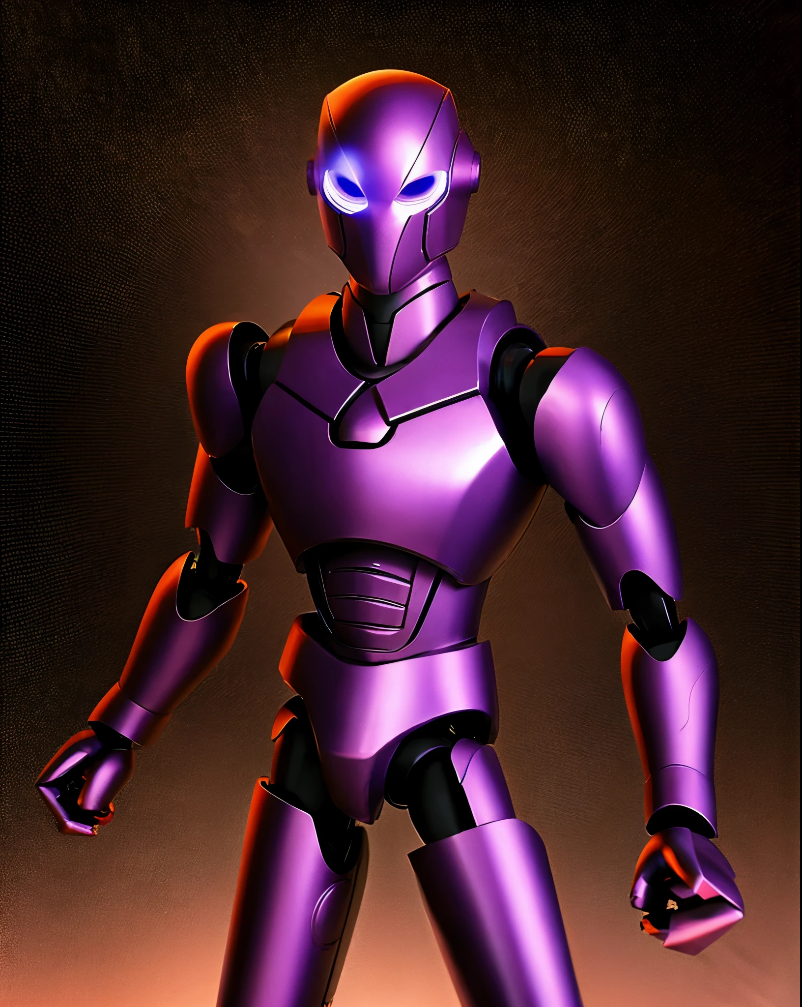 Evening background, black iron robot, doll robot, high performance, high quality, armed, sharp armed, thick armor, eyes purple, glowing purple, sharp eyes, rogue robot, sky in background,