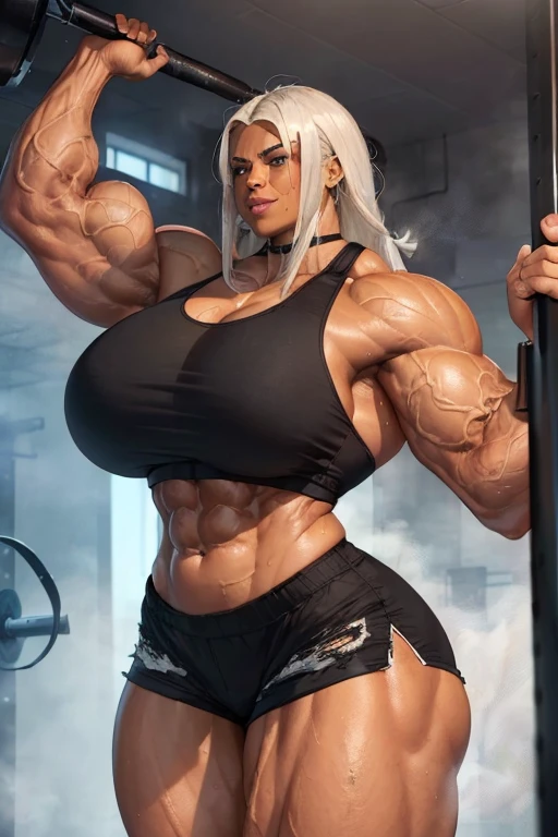 (((((Massive, tall, beautiful, sweating, brown skinned, buff, muscular woman with white hair, ginormous bulky muscles flexing biceps and wearing a black sports bra and black dolphin shorts))))), (close view), massive muscle, massive biceps, hyper muscle shoulders, vascular shoulders, hyper muscle triceps, (long straight hair), bright blue eyes, choker, (in a steamy foggy weight room), confident smile, morning, hyper vascular arm, hyper muscles arms, hyper muscle legs, massive arms.