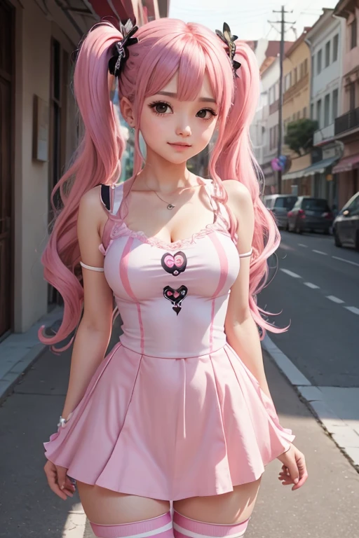 Highly detailed CG Unity 8K wallpaper, highest quality, Super detailed, masterpiece, realistic, photo realistic, blush, parted lips, looking at the viewer , half body shot , (perona one piece), pink long hair, blushing, troubled face, Liar, arm behind head, cute face, goth costume, twin tails, Striped Leggings, skirt, smile at the viewer,