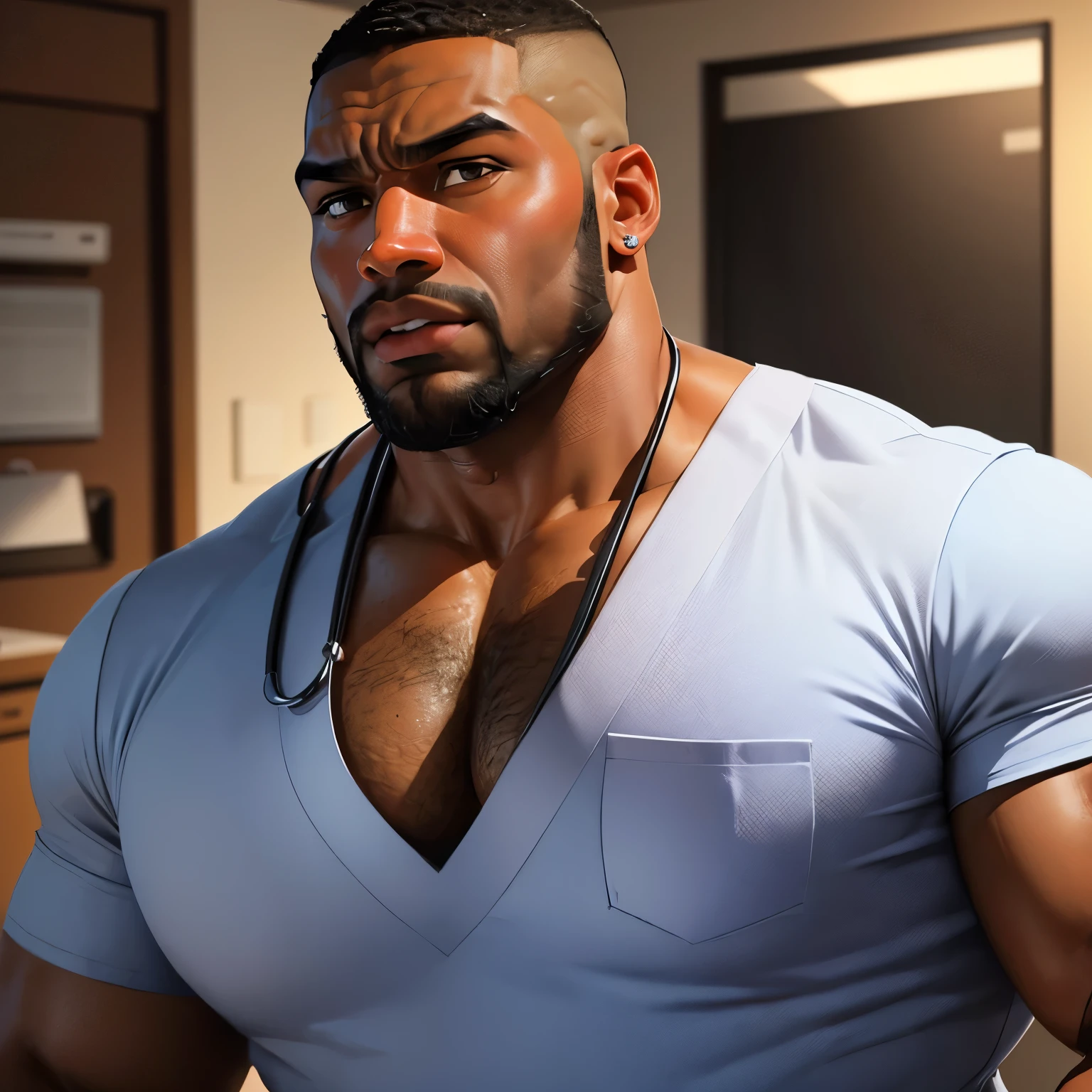 an exaggeratedly muscular and large bodyguard, beefy build, beard, dark-skinned african american male, surprised expression, buzzcut hair with square line, (wearing nurse scrubs: 1.2), (bara pecs: 1.3), (arm and chest hair: 1.1), close-up portrait HD, (doctor's office)