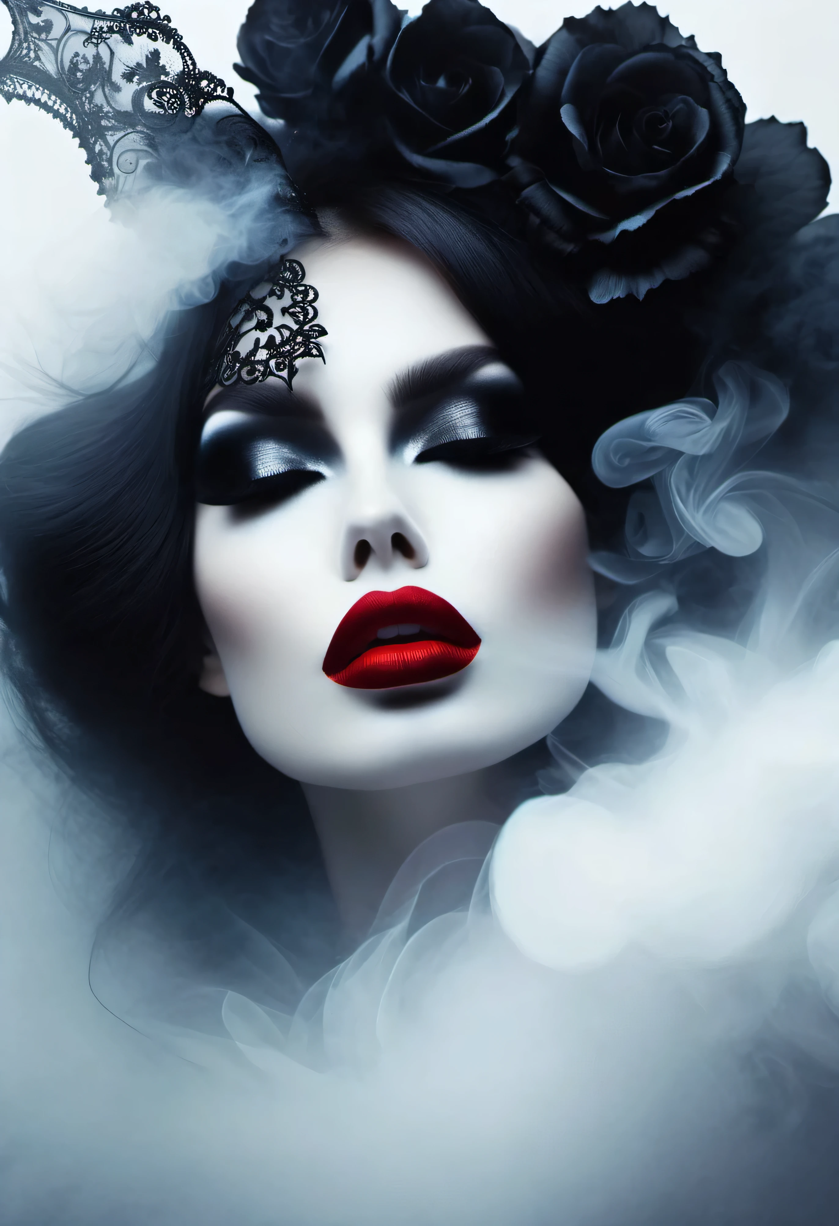 Gothic art，Dream，（Just one stunning close-up of the face），Gothic makeup，Red lips only, White smoke floating around，plain white background，Lots of empty space