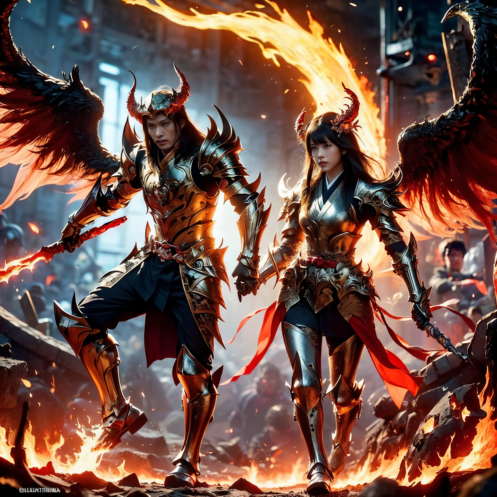 (((Realistic, masterpiece, best quality, crisp detail, high definition, high detail, very rich detail, sharp focus, sharp detail, colorful, rich color, perfect studio lightning))), ((20 years old, japanese goddess of hell, kasumi arimura)),(((in the middle of war, epic war scene))), wearing (((beautiful decorated golden heavy armor, phoenix armor, phoenix tails, decorated full body armor, fully armored beautiful kimono, wide golden phoenix wings, blue aura))), (flying, floating, air attack stance, burning hands, holding fantasy weapon, blood scattered face, blood tears, blood bath, blood shed), (((fire everywhere, blood everywhere, death everywhere, japan bakumatsu period, dead bodies,carcass,burned japanese castle,hellish,chaos, hell fire, infernal molten lava land, erupting volcano)) burned traditional village background), shot from below