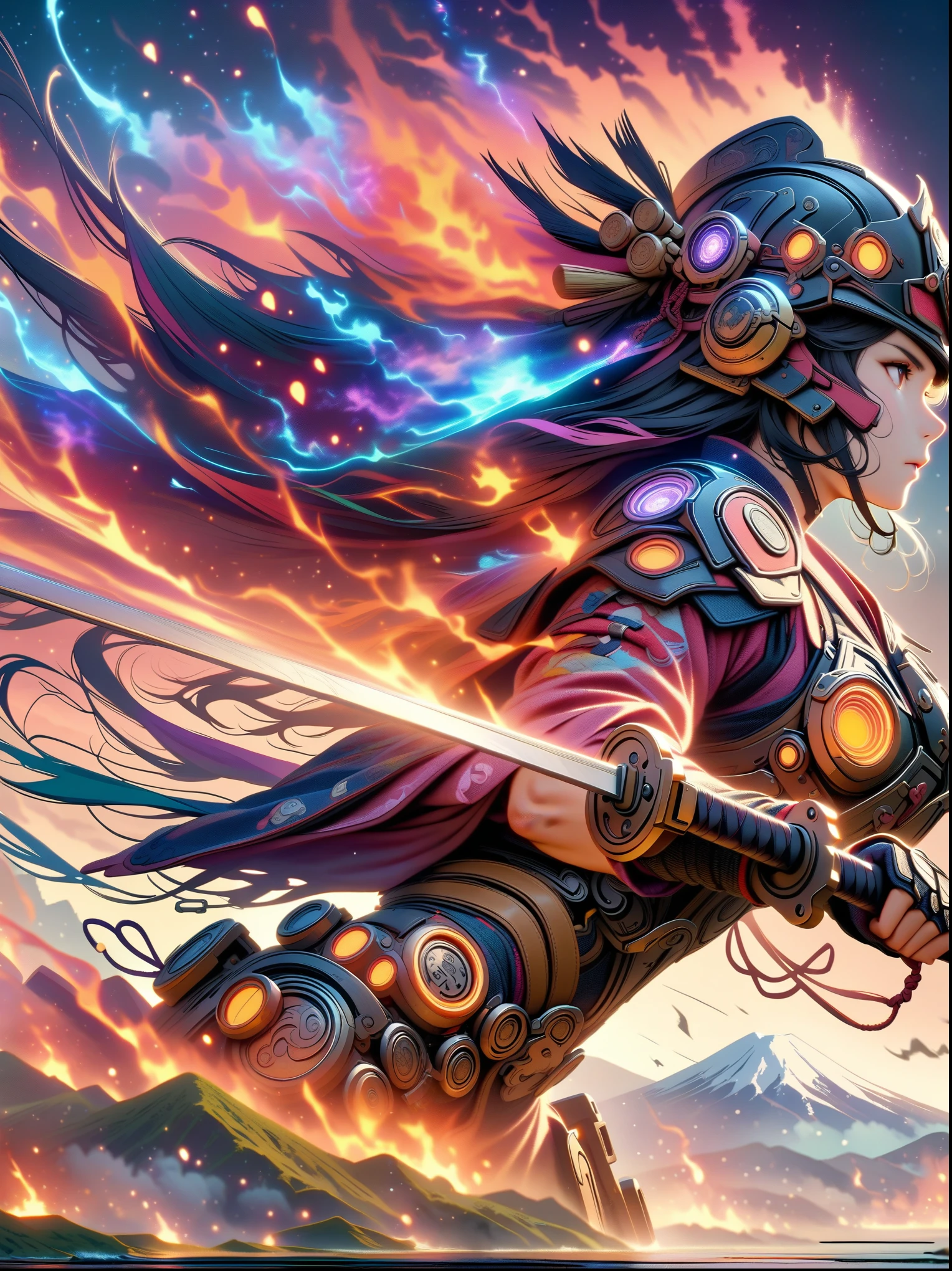((Japan Female Samurai),battlefield,dynamic poses,long sword,armor,burning sky,mountain background,Crazy details,intricate details,HD,8K,((anatomically correct))