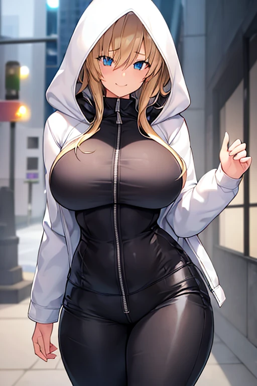 1girl, hood, jacket, hooded jacket, hood on, hood up, blonde hair, large breasts, breasts, wide hips, thick thighs, hourglass figure, white jacket, black shirt, shirt, very short hair, pants, black pants, smile, toned, toned female, urban, mature female, tall, tall female, zipper