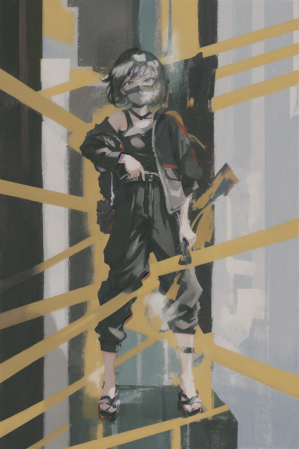 ANIME MY HERO ACADEMIA GIRL BLACK SHORT HAIR AND GRAY EYES,BLACK jumpsuit, cool power ,Painter,,Thin waist, ninja sandals, medium chest, tall, mysterious, calm smile, many eyelashes, long black hair 