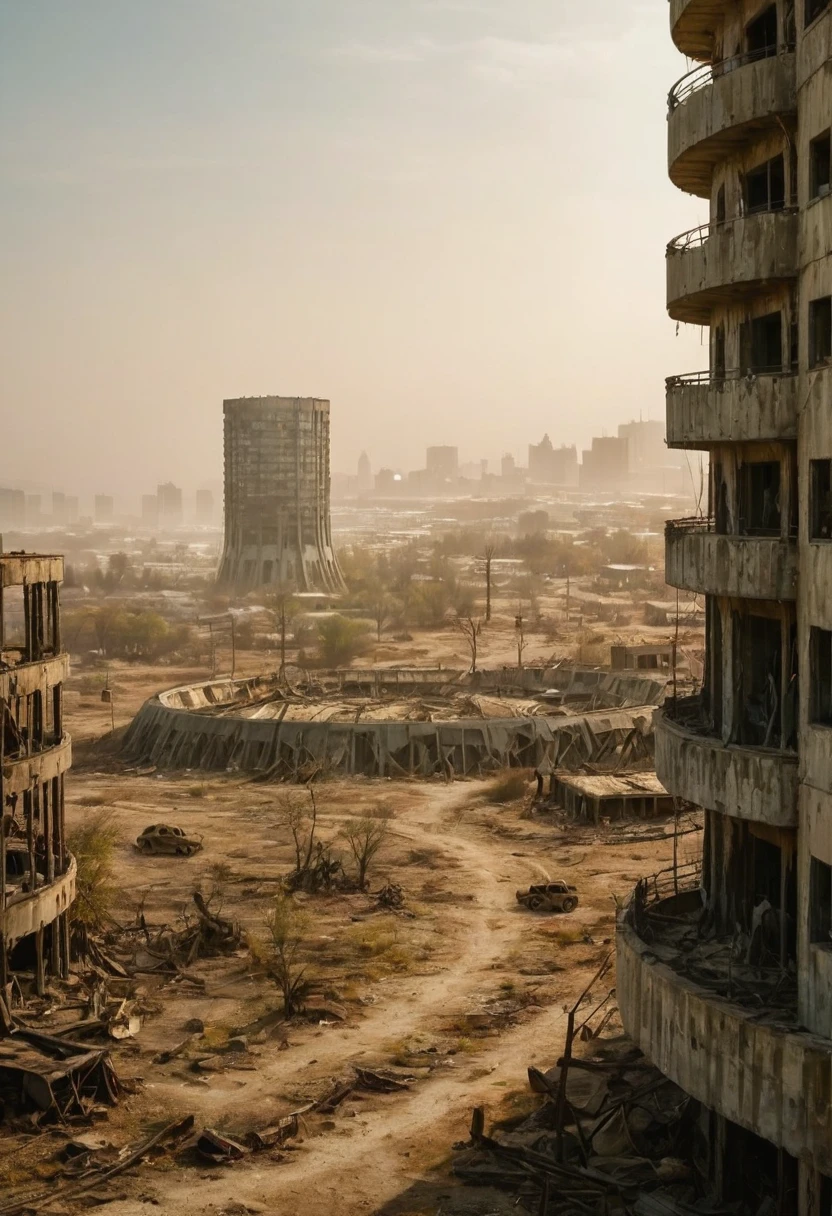 Using the Panasonic Lumix GH5 camera and the wide-angle lens Panasonic Lumix G Vario 12-35mm f/2.8 II ASPH. POWER O.I.S., we captured a dramatic scene of two robots engaged in a fierce battle within a post-apocalyptic city. The lighting is dim, with scattered rays of sunlight piercing through the debris, adding to the gritty atmosphere. The camera angle is low, emphasizing the scale and intensity of the conflict. The ruined cityscape serves as a backdrop, highlighting the destruction and desolation of the environment. The image captures the tension and power of the robots' clash, immersing the viewer in the chaos of the post-apocalyptic world.