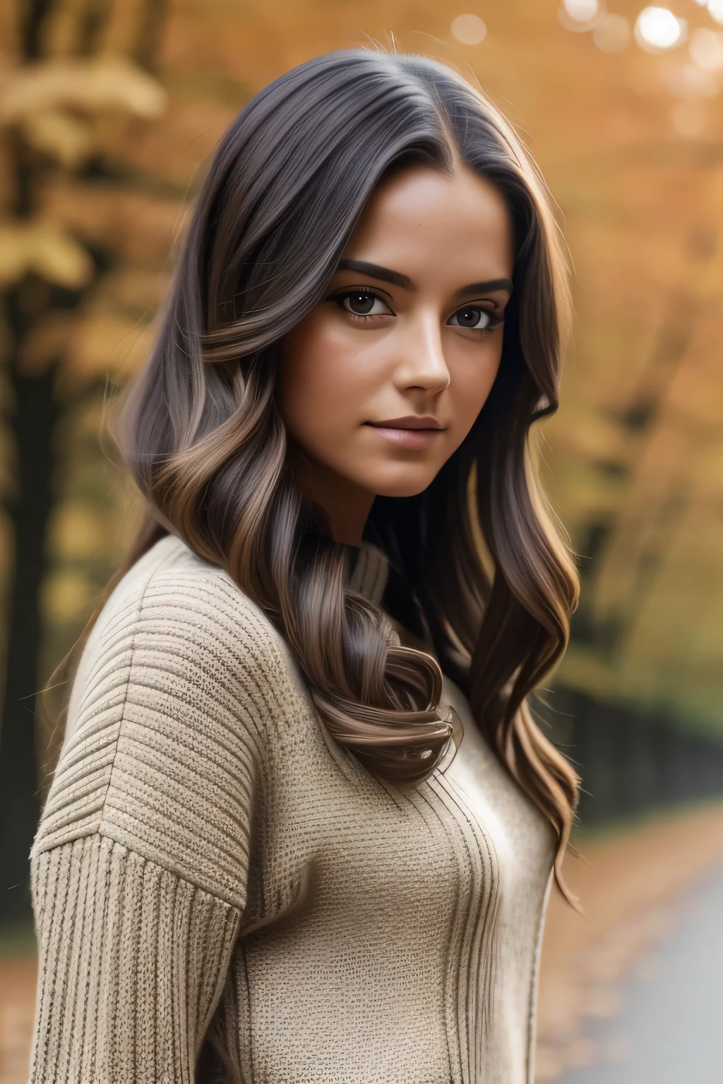 Photograph of a beautiful girl, wear an autumn sweater, long hair on one side, buste lourd 36DD, Look into the camera, eyes symmetrical, symmetrical face, photoreallistic, photographie, Path layout, specular lighting, Volumetric facial light, Hair path, Ombres visibles, complexe, elaborate