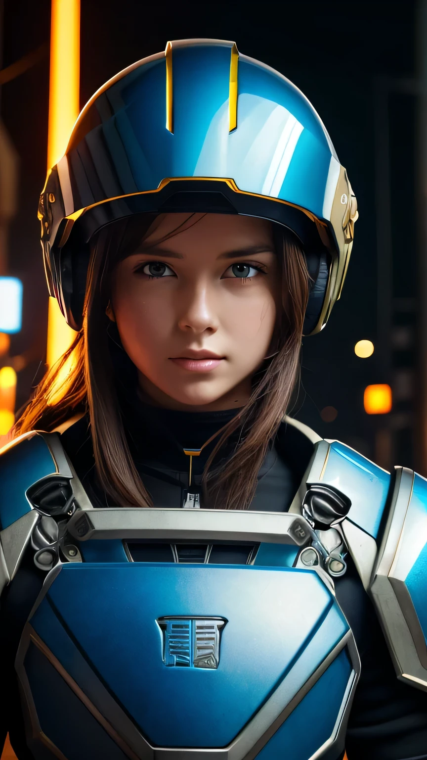 masterpiece, 最high quality, , (alone), 1 girl, look up, dim light, , horizon_(apex legend), goggles, blue eyes, brown hair, gauntlet, shoulder armor, (Mecha Helmet), (science_fiction), outdoor, street, neon light, cyber punk, masterpiece, 最high quality, high quality, High resolution, (((close up of face)))