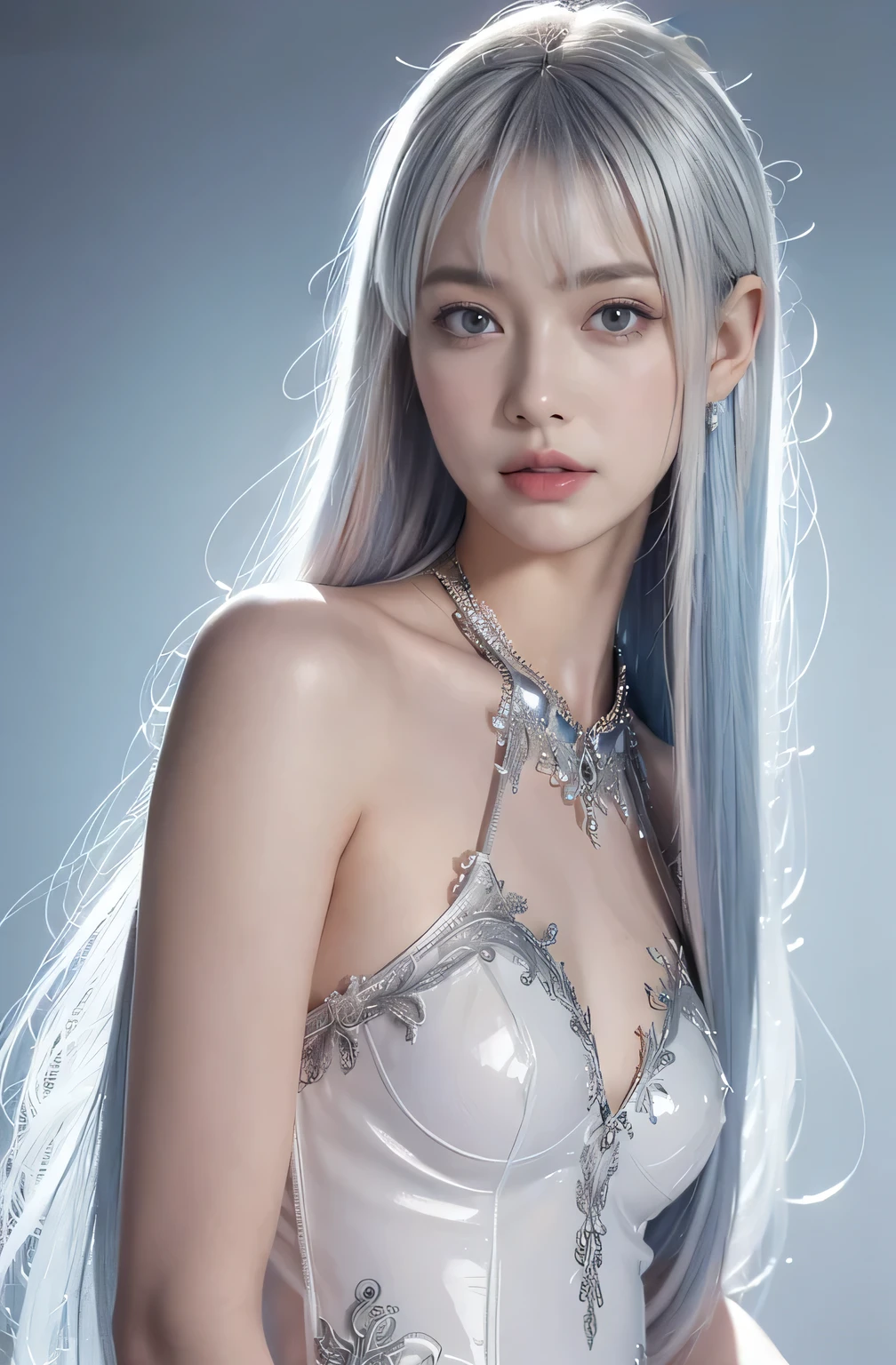 Realistic photos、Soft natural light, cute models、19 years old, smooth soft skin、(Light blue eyes), (bangs, long hair, multicolored hair, gradient hair, two-tone hair, silver hair, pink hair, blue hair:1.2) 、Natural skin texture、hair long、Soft lighting、Detailed face、sharp facial features, Photo Realism、looking into the camera、front body、realistic painting、SHARP FOCUS、8k, perfect composition、Trending on Artstation、extremly detailed、photographic、Smooth and intricate details like a movie、studio photography、extremly detailed、detailed hairstyle、sharp face, full body pose, very slim and sexy body, atheletic body, model body, ((Best quality, 8K, Masterpiece:1.3, 1 girl, Beautiful girl)), highres, Cute, Dynamism, Detailed face, Detailed skin, Detailed eyes, Detailed lips, Photorealistic, Natural lighting, perfect anatomy, dynamic pose, round buttocks, toned legs, double eyelid, tear bags, round eyes, moist lips, silver body, ((silver liquid on the naked body:1.3)), silver liquid dripping down from the body, ((silver hair)), smile, silver background, silver paint, silver ink, japanese girl, silver liquid, chest, colorful liquid, gorgeous silver pattern clothes, (detailed lace:1.2),, ((silver flowers background:1.2)), fake flowers, (sideboob:1.2), diamonds, official art, unity 8k wallpaper, ultra detailed, beautiful and aesthetic, High quality, beautiful, masterpiece, best quality, 1 queen, small bust, (round bust:1.5) , (Long hair:1.5) , (zentangle, mandala, tangle, entangle:0.6) , (transparent dress:1.2) , (silver Lace transparent:1.2) , (bare waist:0.5) , (covered breasts:1.2)