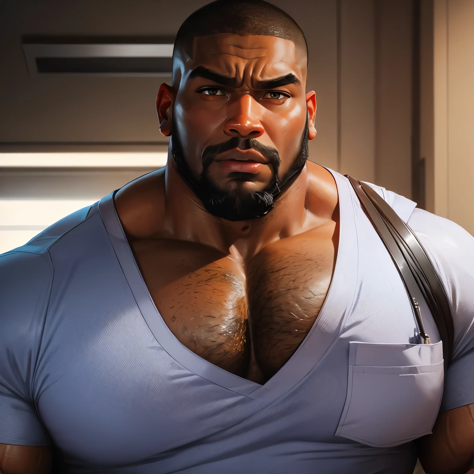 an exaggeratedly muscular and large bodyguard, beefy build, beard, dark-skinned african american male, worried surprised expression, buzzcut hair with square line, (wearing dark black nurse scrubs: 1.2), (bara pecs: 1.3), (arm and chest hair: 1.1), close-up portrait HD, (doctor's office)