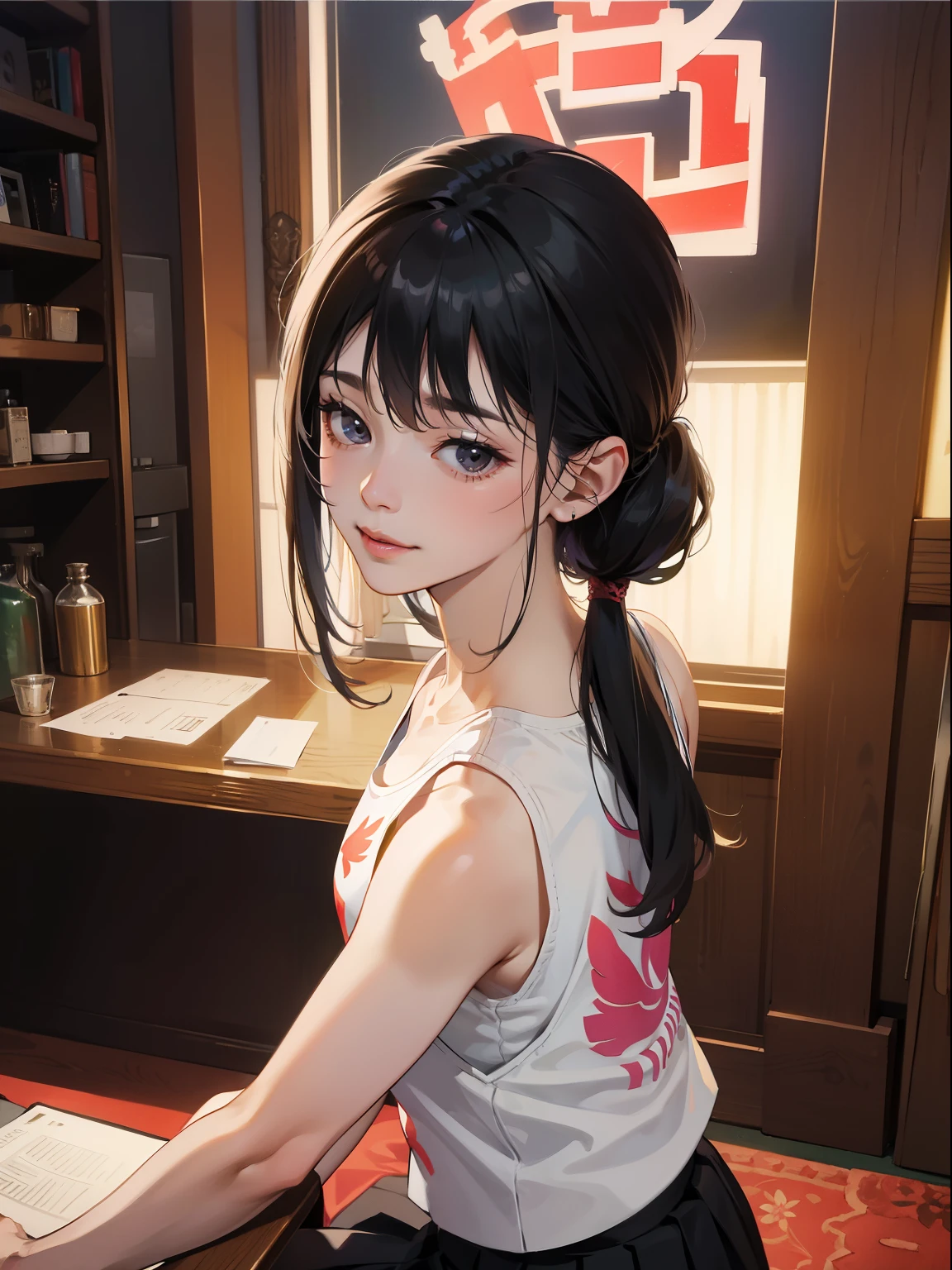 absurderes、ultra-detailliert、masterpiece、top-quality、BREAK、Official art、(Beautifully Aesthetic:1.2)、wearing ,black eyes,(watercolor paiting:straight)、BREAK、Devilish Pretty Girl 1.2、a beauty girl、(kawaii:⒈3)long hair、18 years old、BREAK、(black hair:1.4、))、striated hair、((Random hairstyle))Splash(Fractal art 1.3)、BREAK、Cat's ears、BREAK、(Ultra-detailed hands and fingers:1.2)、Carefully written hands and fingers、BREAK、humanoïde、D-cups、BREAK、wearing 、((Tank top with super detail and embroidery pattern、pleated skirt:1.5))BREAK、((BREAK、black eyes))、BREAK、Since a while ago:1.2、Look at viewers、BREAK、((Inside the city:1.4))、BREAK、Ultra-detailed Shibuya sunset、Shyness、red blush、Happy smiling face、BREAK、Shibuya、BREAK、Stick your butt out and sing、BREAK、 wearing