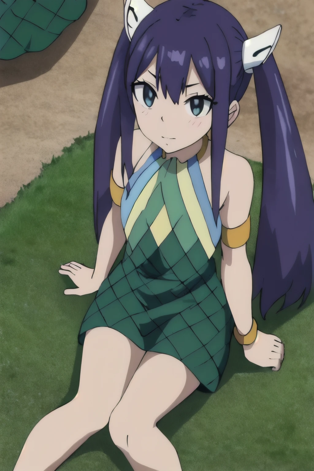 (masterpiece, best quality:1.2), extremely detailed, soft ambient lighting, sharp focus, 4K, BREAK 1girl, solo, aawendy, long hair, twintails, hair ornament, bare shoulders, green dress, sleeveless dress, armlet, bracelet, BREAK outdoors, nature, field, looking at viewer, sitting on floor, from above