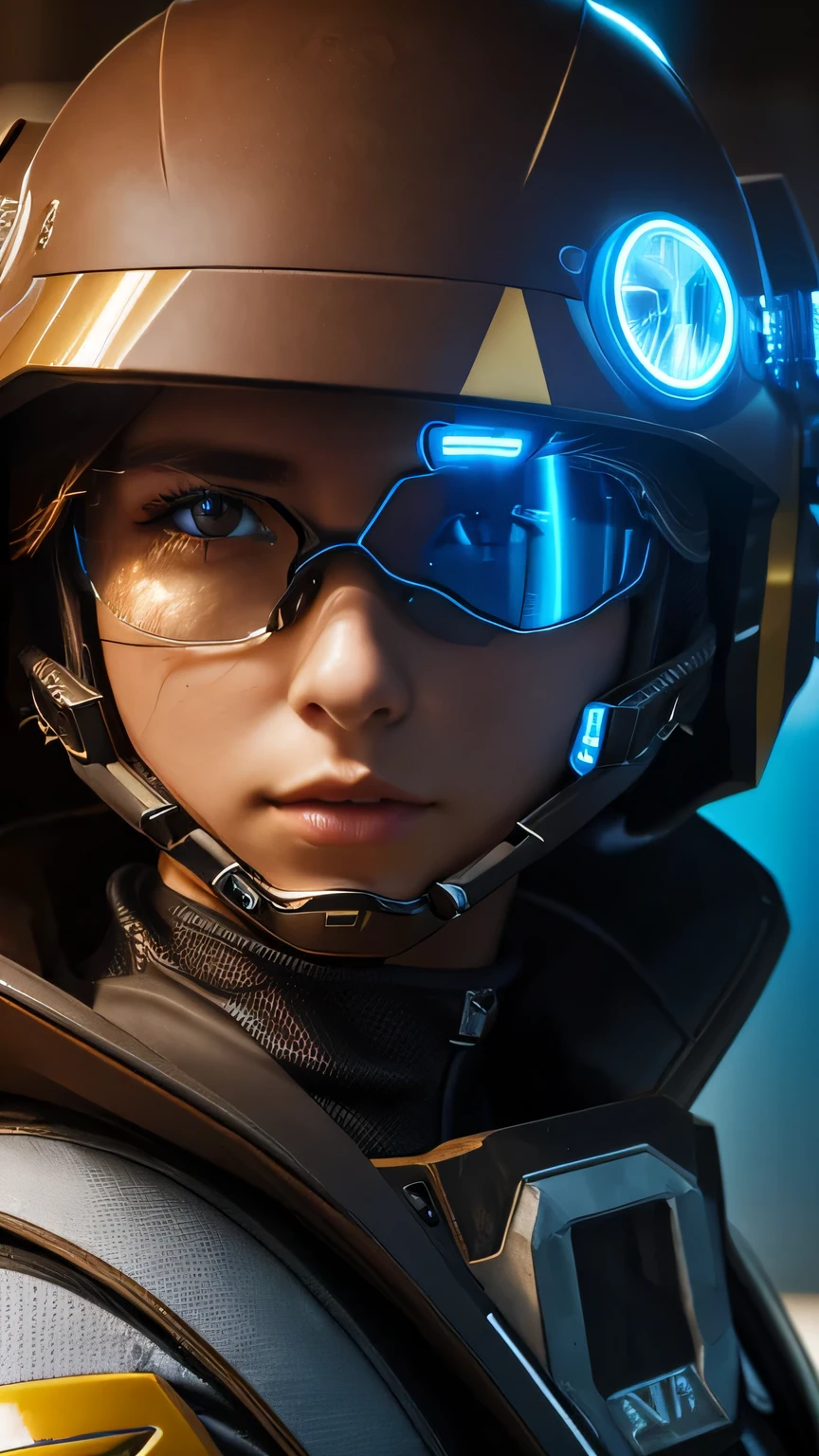 masterpiece,  最high quality, , (alone), 1 girl, look up, dim light, , horizon_(apex legend), goggles, blue eyes, brown hair, gauntlet, shoulder armor,  (Mecha Helmet), (science_fiction), outdoor, street, neon light, cyber punk, masterpiece, 最high quality, high quality, High resolution, (((close up of face)))