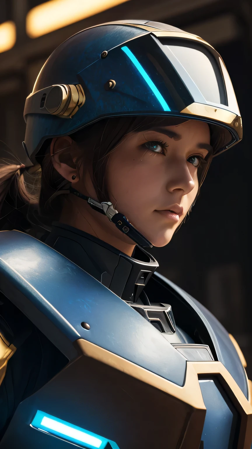 masterpiece,  最high quality, , (alone), 1 girl, look up, dim light, , horizon_(apex legend), goggles, blue eyes, brown hair, gauntlet, shoulder armor,  (Mecha Helmet), (science_fiction), outdoor, street, neon light, cyber punk, masterpiece, 最high quality, high quality, High resolution, (((close up of face)))