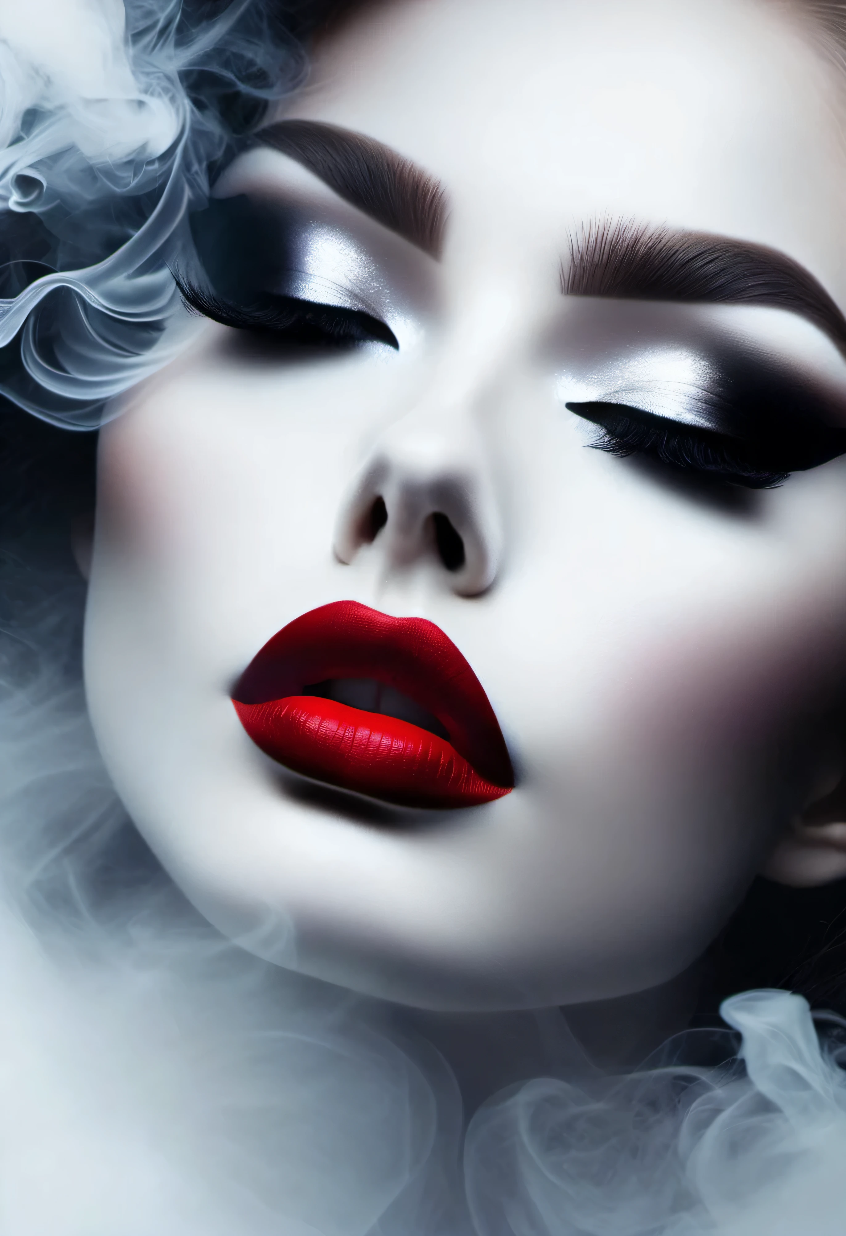 Gothic art，Dream，（Just one stunning close-up of the face），Gothic makeup，Red lips only, White smoke floating around，plain white background，Lots of empty space