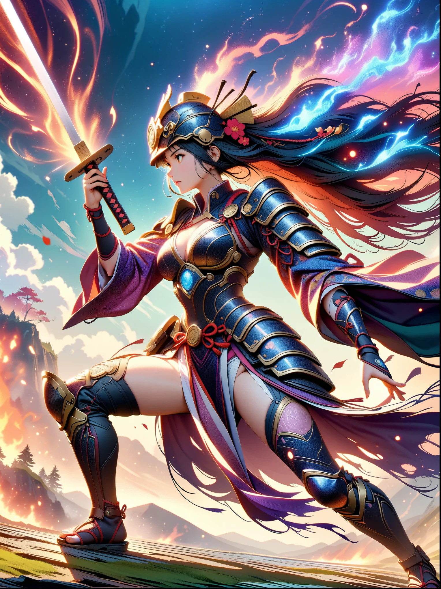 ((Japan Female Samurai),battlefield,dynamic poses,long sword,armor,burning sky,mountain background,Crazy details,intricate details,HD,8K,((anatomically correct))