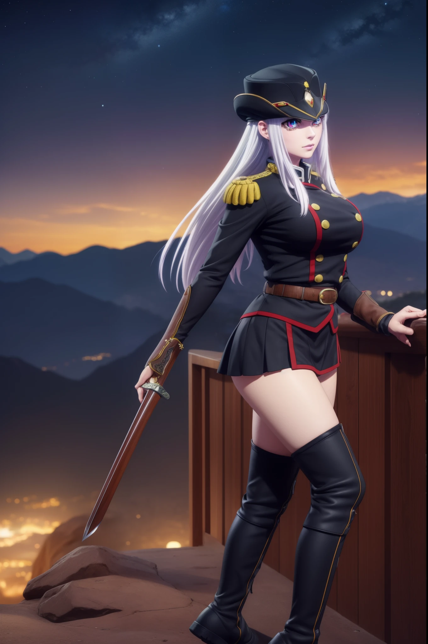 kyoukauzen, kyouka uzen, long hair, (red eyes:1.3), very long hair, white hair,
BREAK thighhighs, gloves, hat, boots, belt, sword, uniform, zettai ryouiki, military, military uniform, thigh boots, shako cap,
BREAK outdoors, space, starry sky, star \(sky\), moon,
BREAK looking at viewer, (cowboy shot:1.5),
BREAK (masterpiece:1.2), best quality, high resolution, unity 8k wallpaper, (illustration:0.8), (beautiful detailed eyes:1.6), extremely detailed face, perfect lighting, extremely detailed CG, (perfect hands, perfect anatomy),