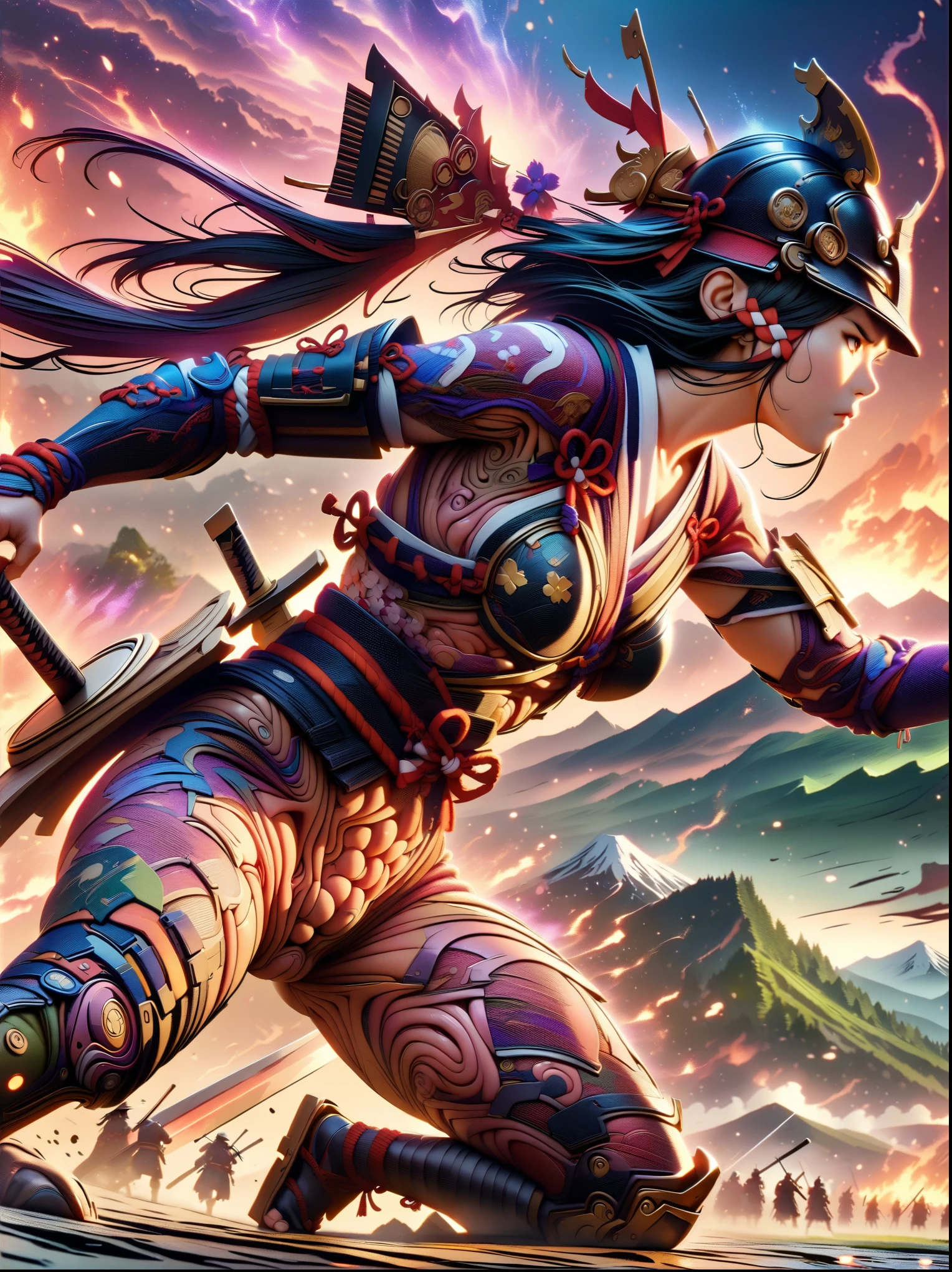 ((japanese samurai:1.5),female warrior,battlefield,dynamic poses,long sword,armor,burning sky,mountain background,Amazing visual effects,Crazy details,intricate details,sharp focus,HD,8K,((anatomically correct:1.5))
