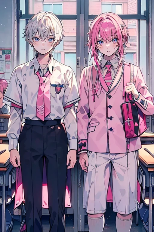 (muste piece), (best quality), very detailed, (((Two friendly high school boys:1.5))), perfect face, beautiful face, very detailed face,(white haired man:1.3),(pink haired man:1.3),School,classroom,student uniform,white uniform, tie,shirt