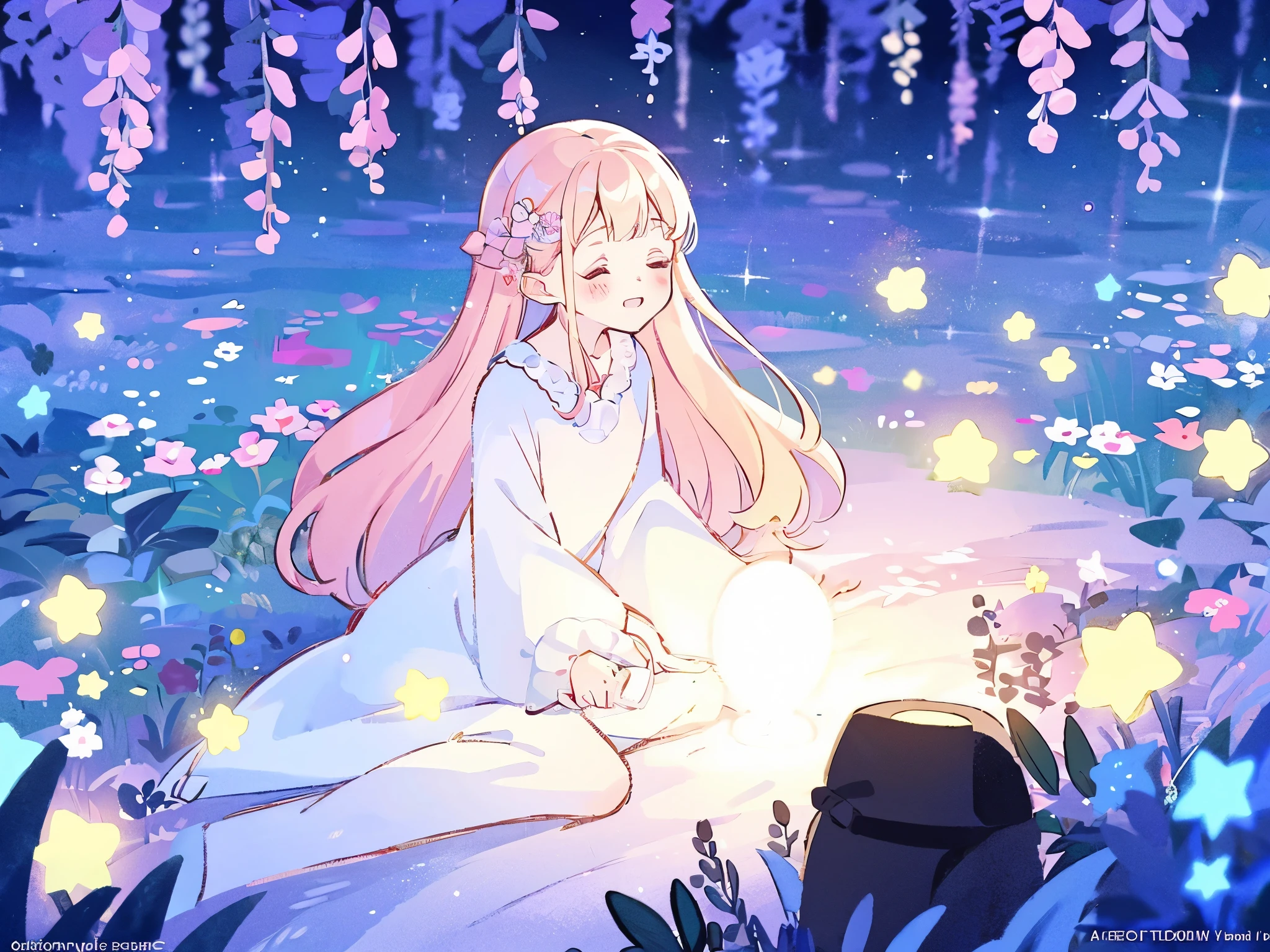 complex background, wishing star background, a woman wearing an ethereal mystical pink translucent dress that reflects the stars, perfume promo art, mystic, complex drawing, highly detailed, Covergirl brand, promo art, artistic rendition, ethereal, starry night, midjourney style, flowers, plants, magical star garden